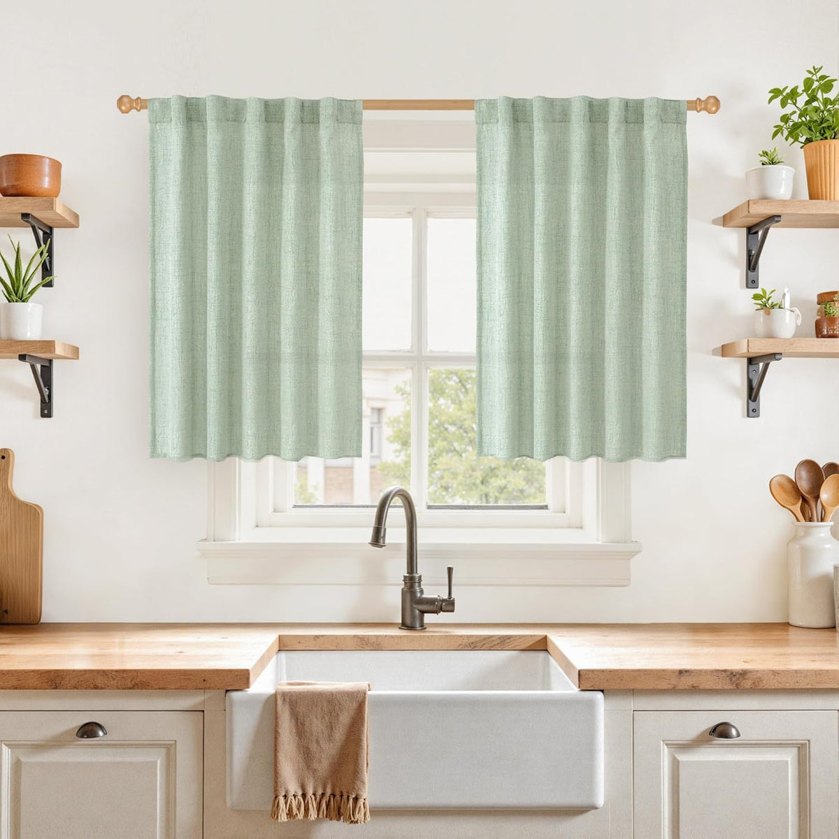 YoungsTex Sage Green Linen Cafe Curtains 36 Inch Length, Short Drapes Light Filtering with Rod