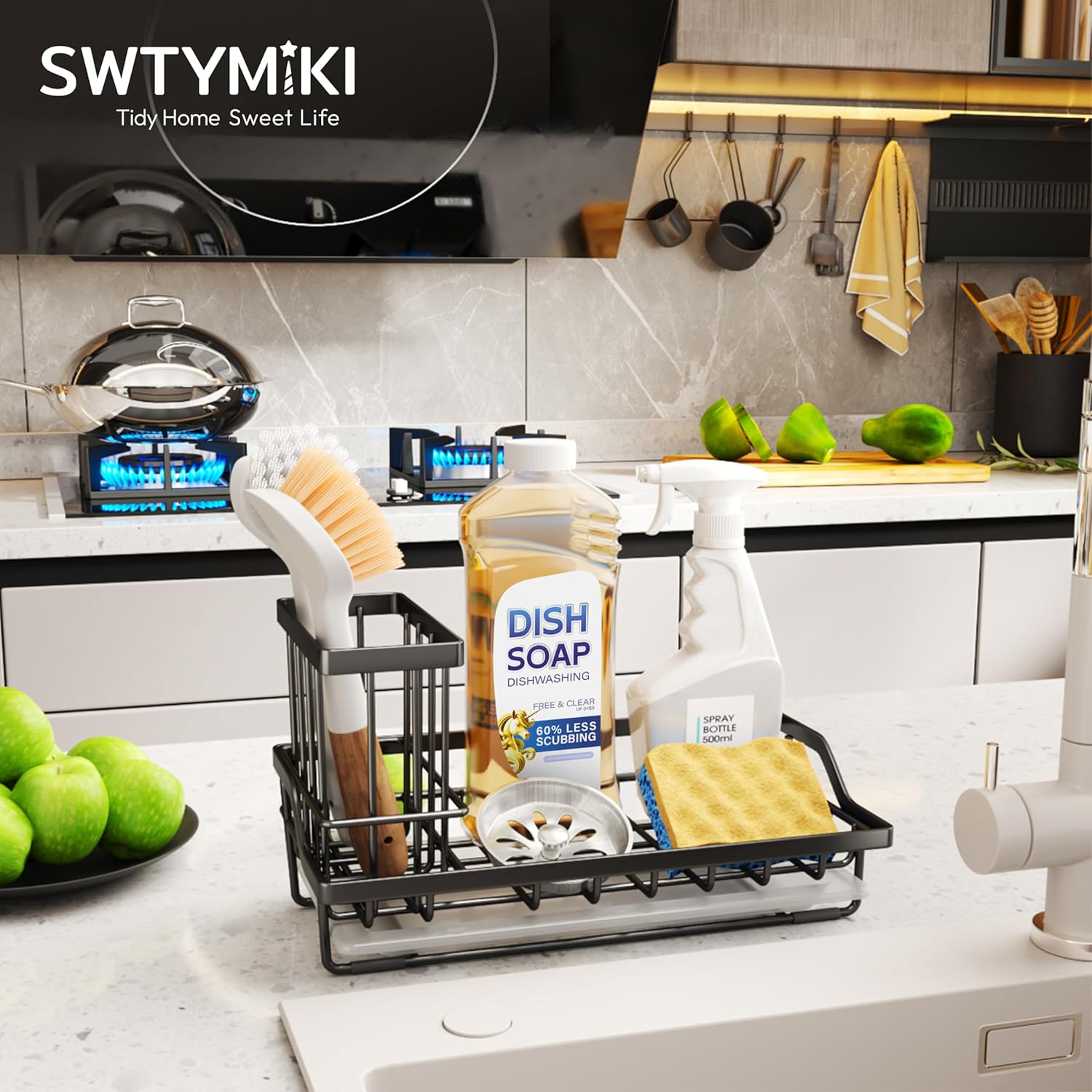 SWTYMIKI Large Sink Caddy Kitchen Sink Organizer with Detachable Brush Holder, Stainless Steel