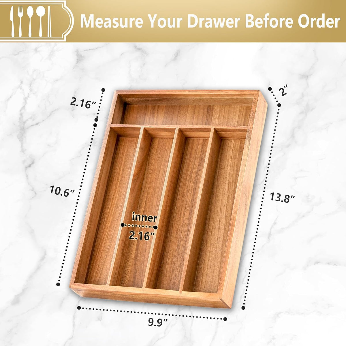 Silverware Organizer, 10 Inch Utensil Organizer Kitchen Drawer Organizer Acacia Silverware Holder