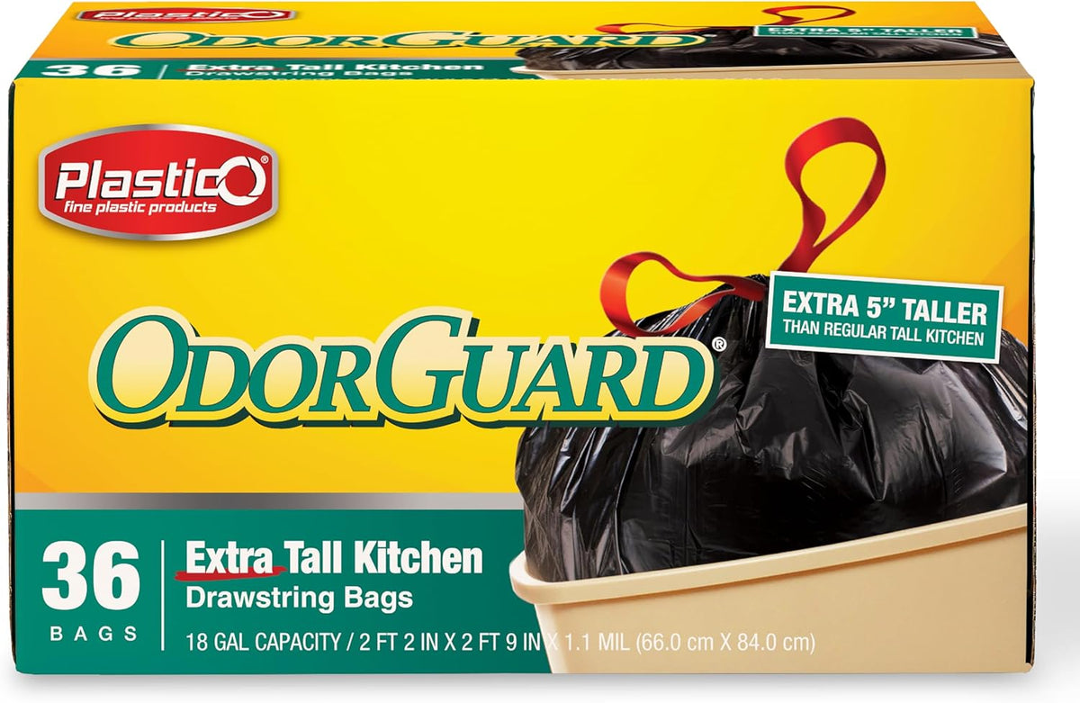 Plastico Extra Tall Kitchen Trash Bags - 18 Gallon, Black, 36 Garbage Bags, Extra Strong, Easy