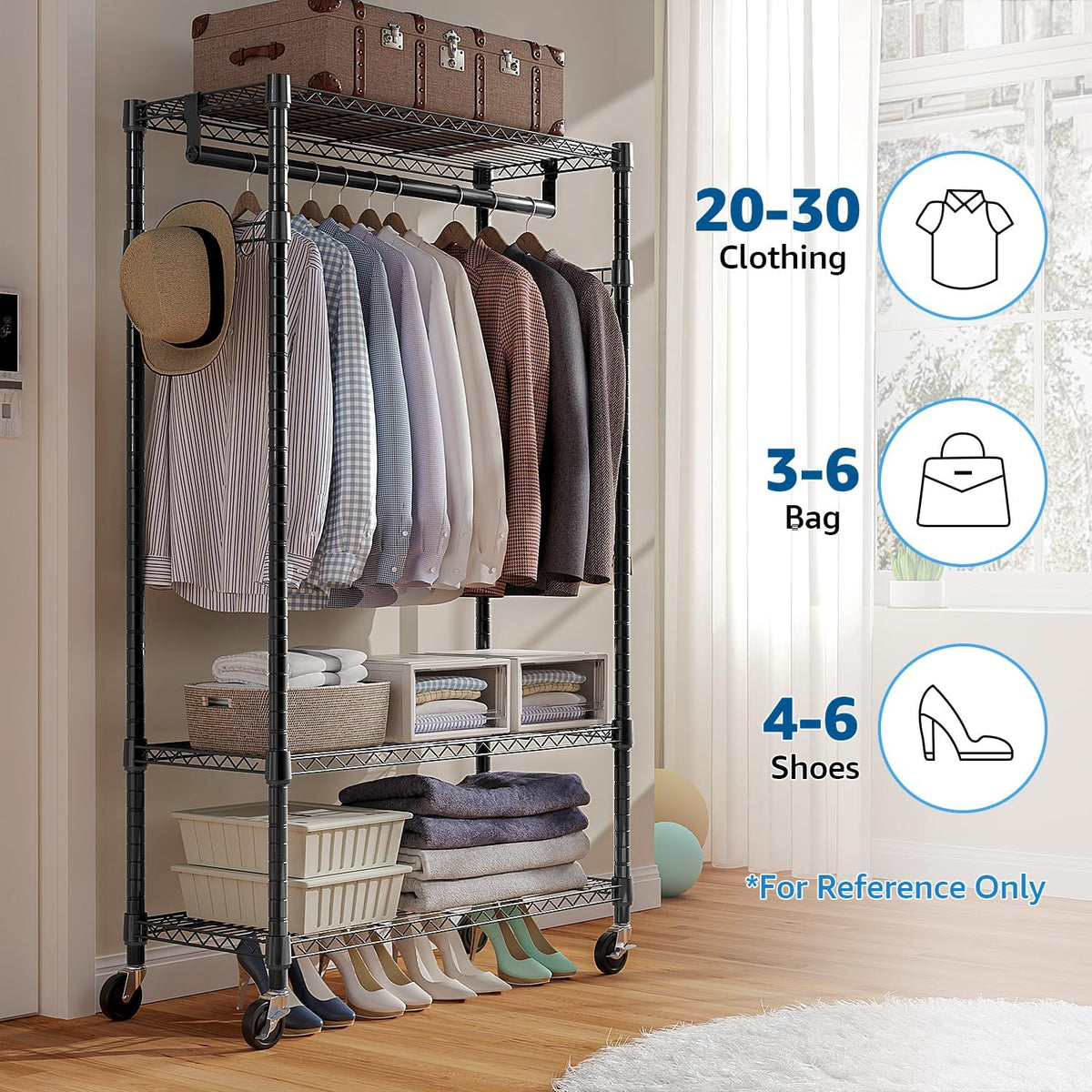 Heavy Duty Rolling Garment Rack 3 Tiers Adjustable Wire Shelving Clothes Rack with Rods and Side