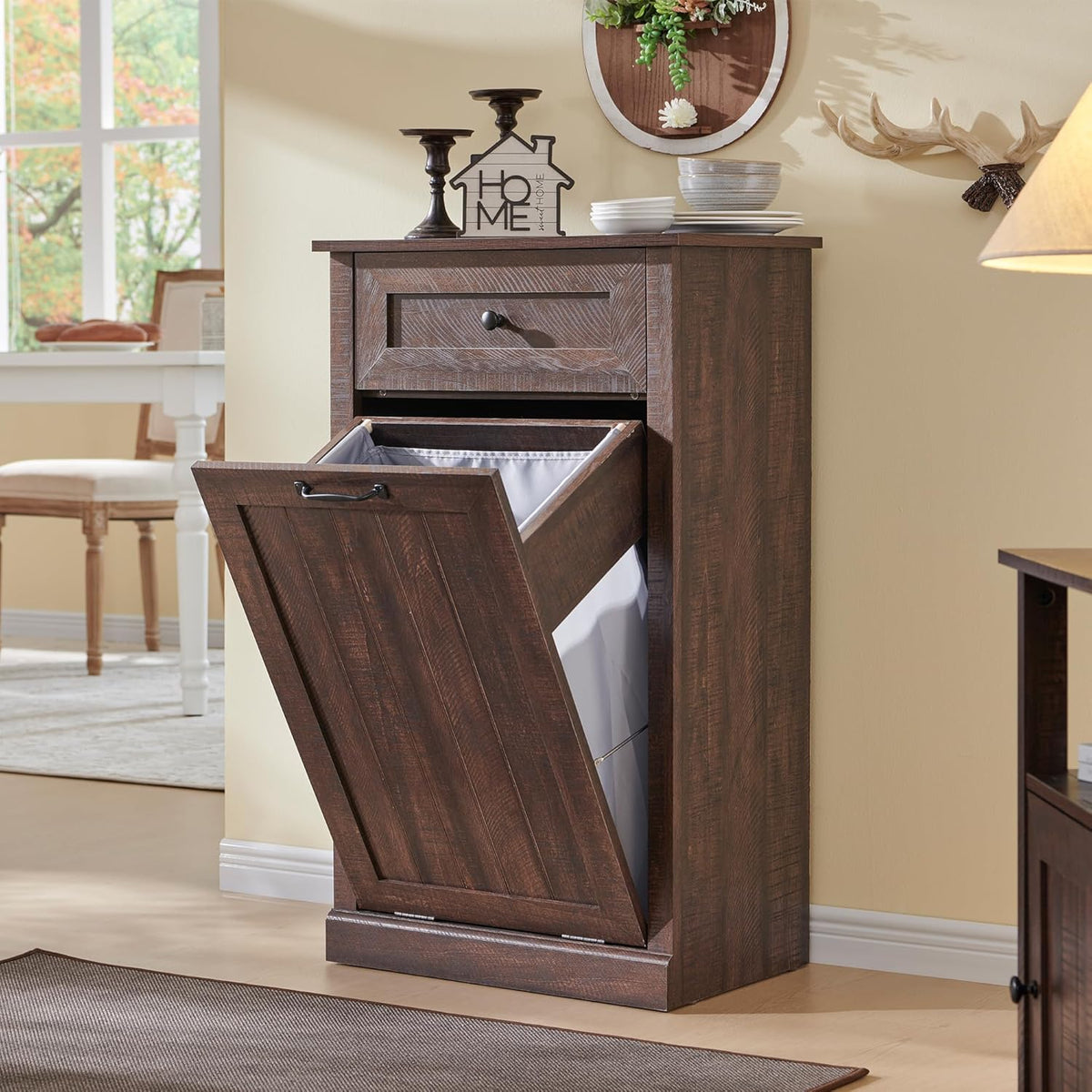 Tilt Out Laundry Hamper Cabinet, 10 Gallon Farmhouse Trash Can Cabinet with Drawer, Hidden Wood