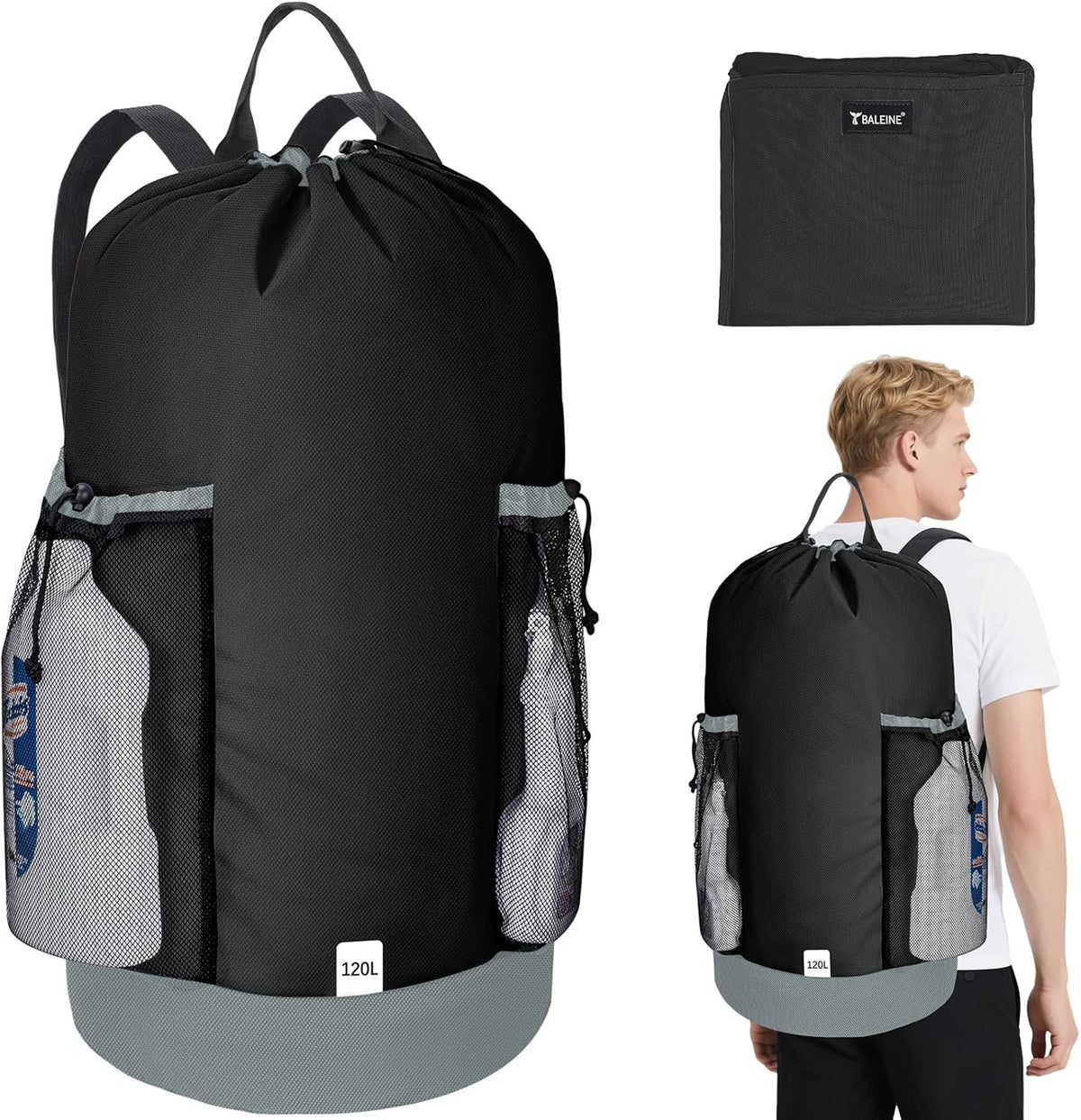 BALEINE 120L Laundry Bag Backpack, 900D Oxford Fabric Large Travel Laundry Bags with Shoulder