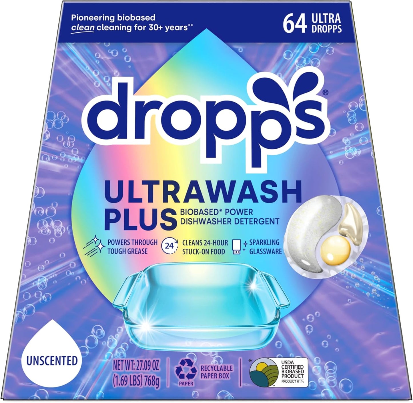 Dropps UltraWash Plus Dishwasher Detergent, Unscented (64 Pods) - Triple Action Biobased Power Deep
