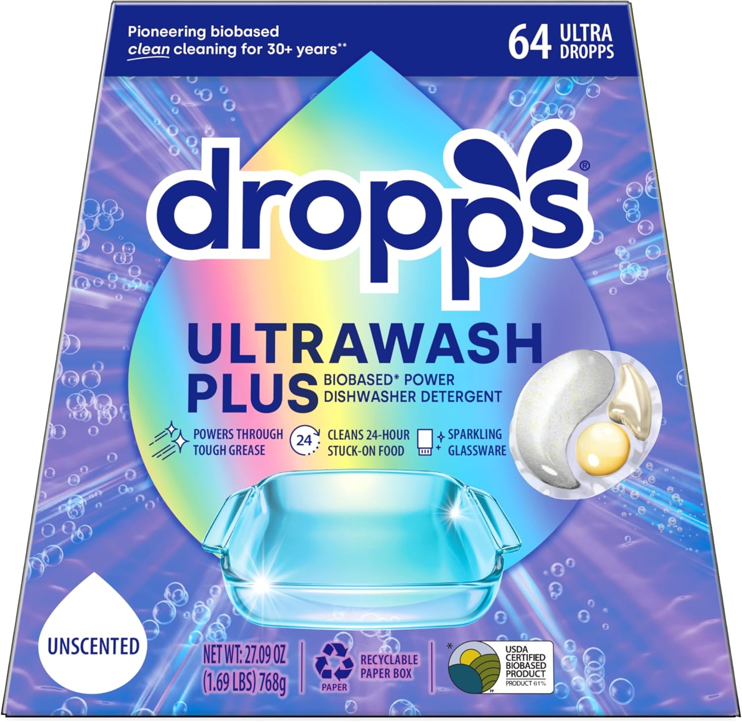 Dropps UltraWash Plus Dishwasher Detergent, Unscented (64 Pods) - Triple Action Biobased Power Deep