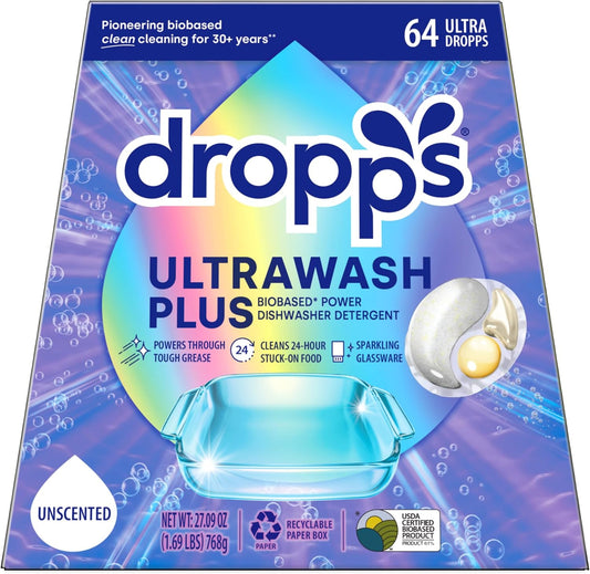 Dropps UltraWash Plus Dishwasher Detergent, Unscented (64 Pods) - Triple Action Biobased Power Deep