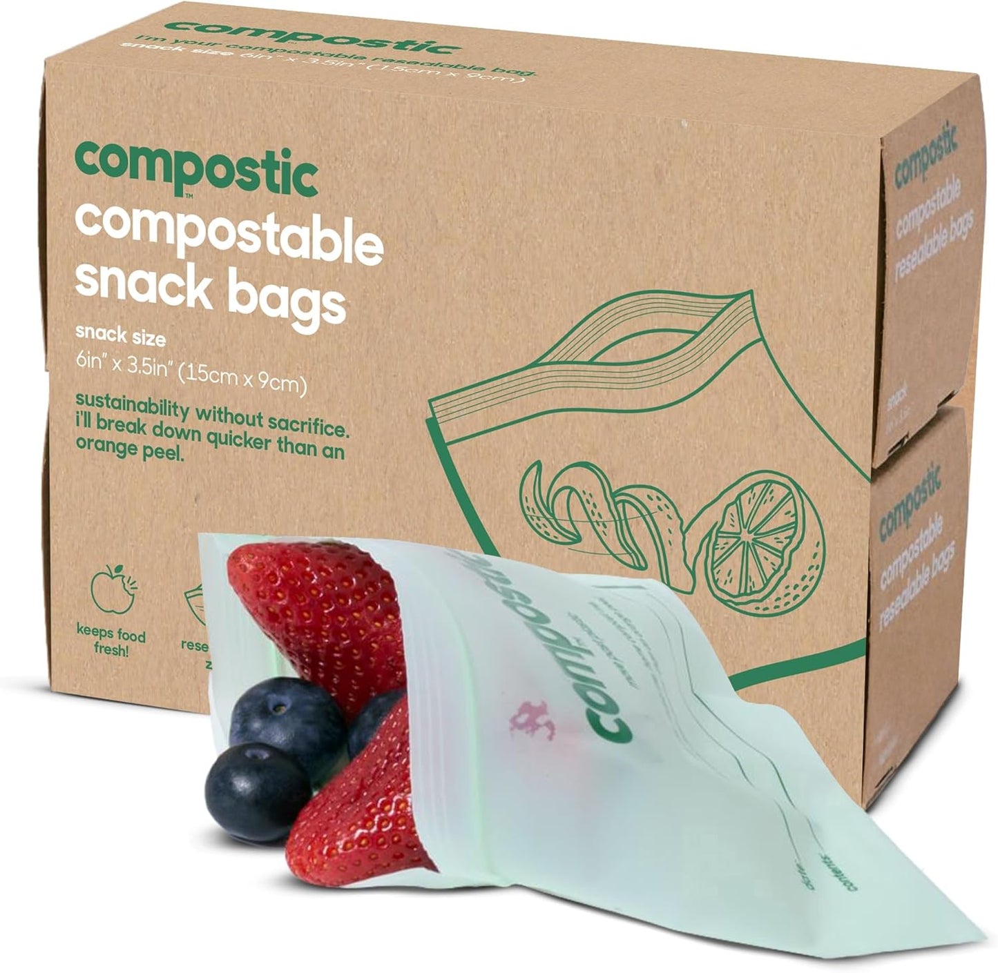 Compostic Home Compostable Resealable Snack Bags (6"x 3.5"), Microwave & Freezer Safe, Organic Food
