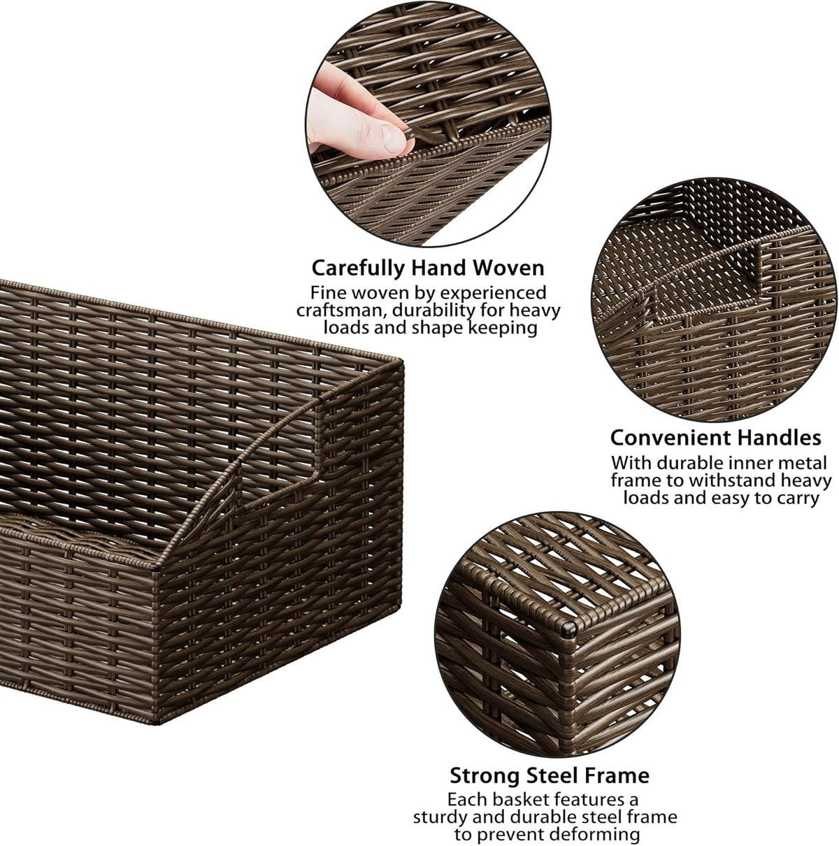 Ollieroo Rattan Storage Baskets, Handwoven Wicker Storage Bins with Built-in Handles, Storage