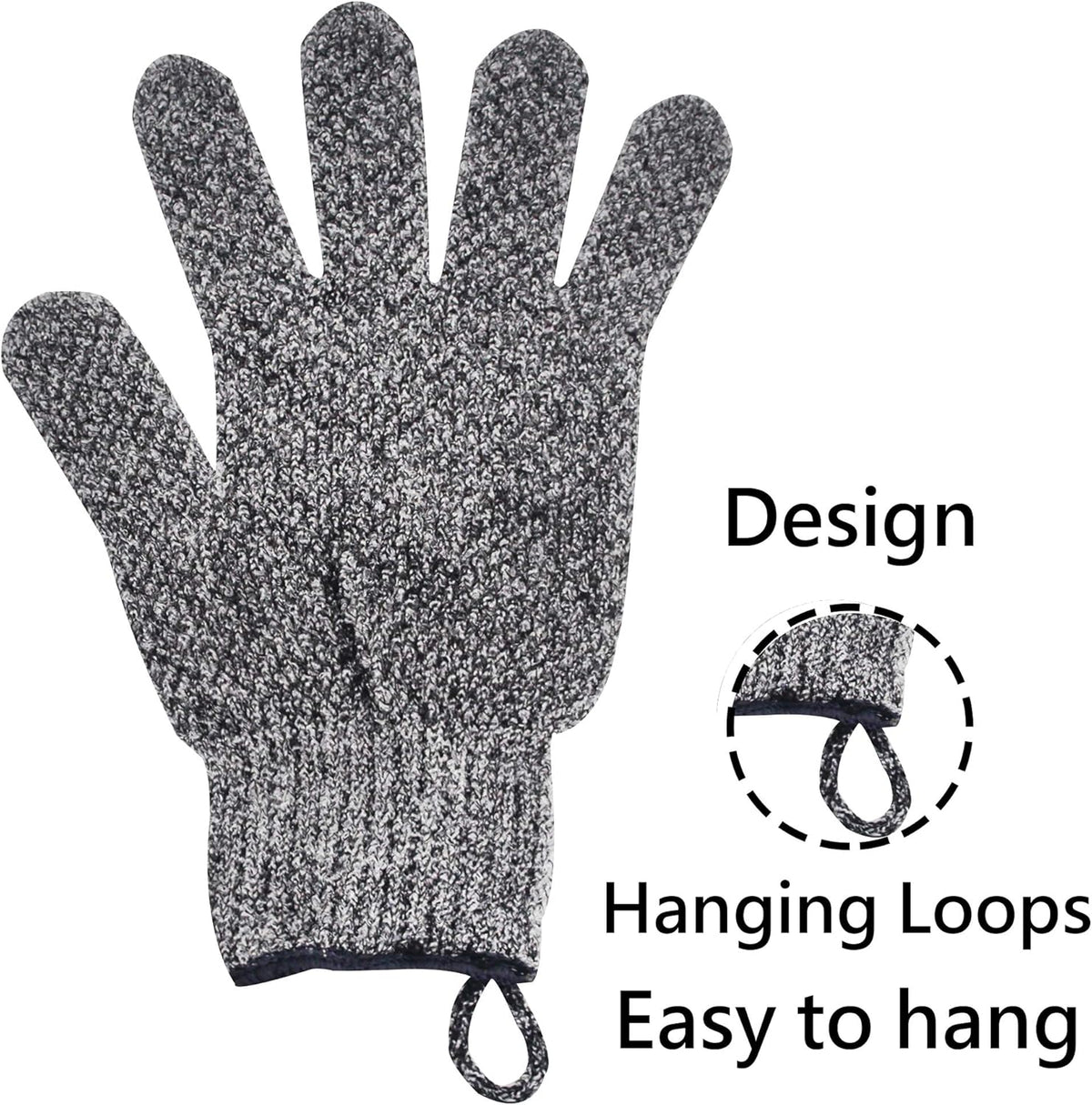 Exfoliating Gloves with Hanging Loop - 1 Pair Bamboo Charcoal Bath/Shower Gloves, Bath Gloves for