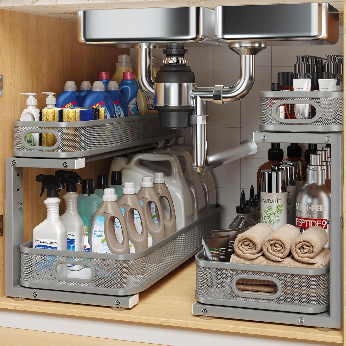 2 Pack 21.3IN-Depth Under Sink Organizer with Smooth Cylindrical Rail,2-Tier Pull Out Multi-Purpose