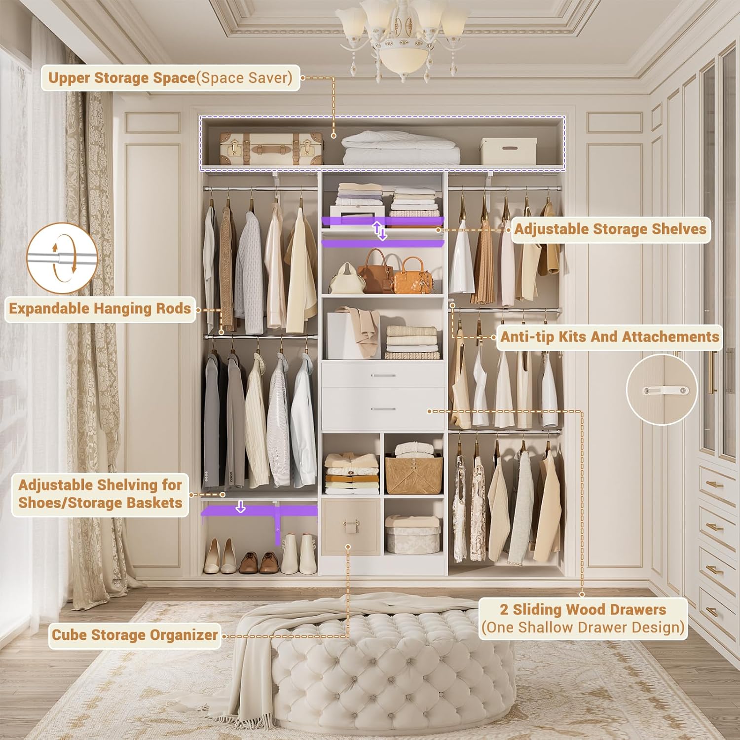 5FT Small Closet System, Baby Closet Organizer System with Wooden Drawers, 60 Inches Walk In Closet