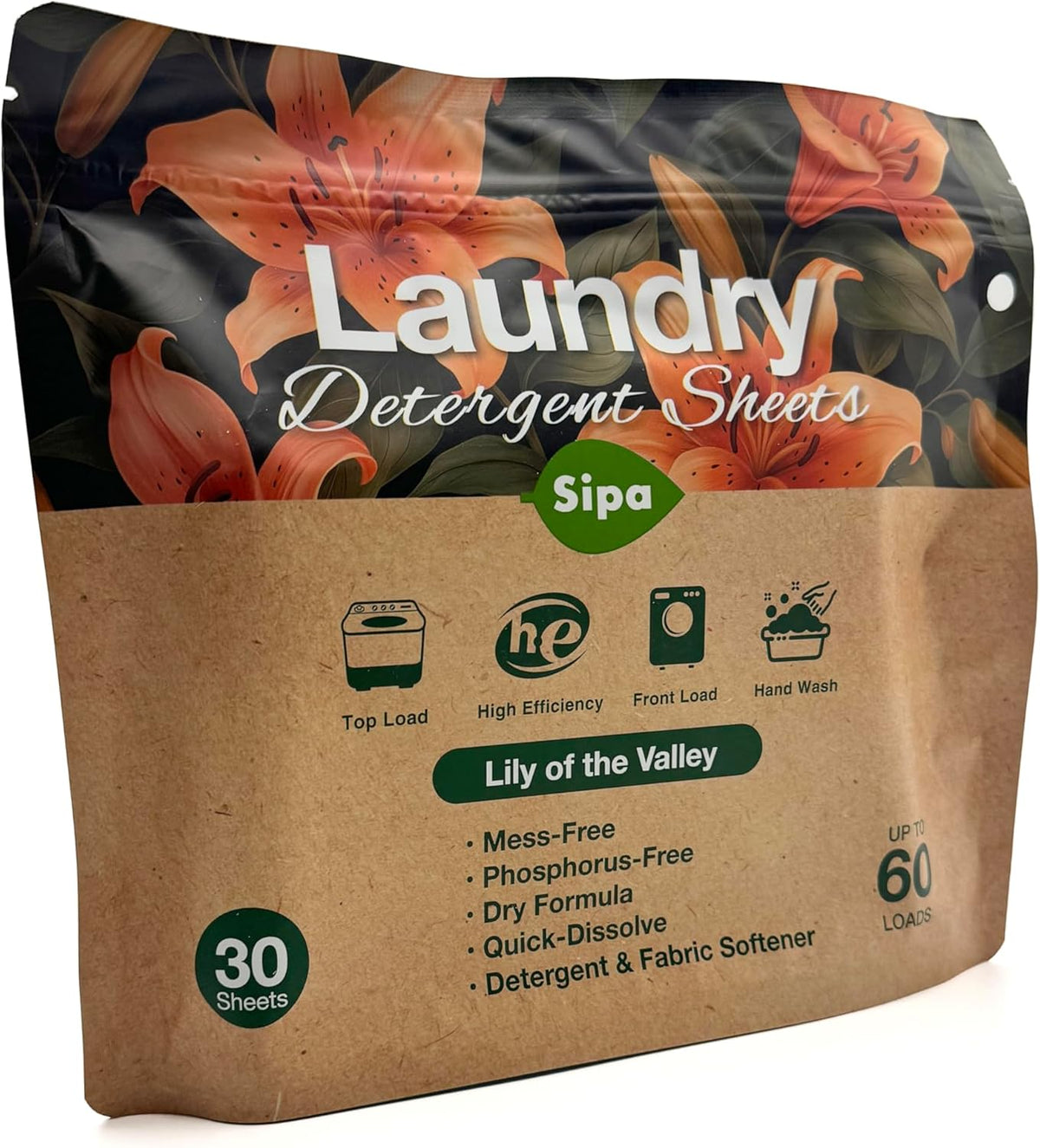 Pack of 5 SIPA Laundry Detergent Sheets Bag - 30 Sheets, Up to 60 Loads, Lily of the Valley Scent