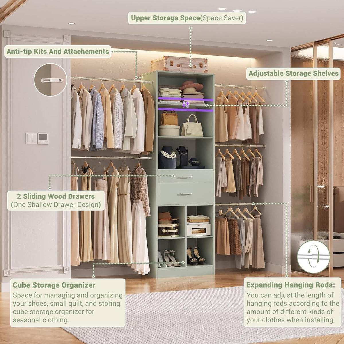 Closet System, 4-8 FT Closet Organizer Tower with 2 Wooden Drawers and Shelves, Can Fit 60 to 96