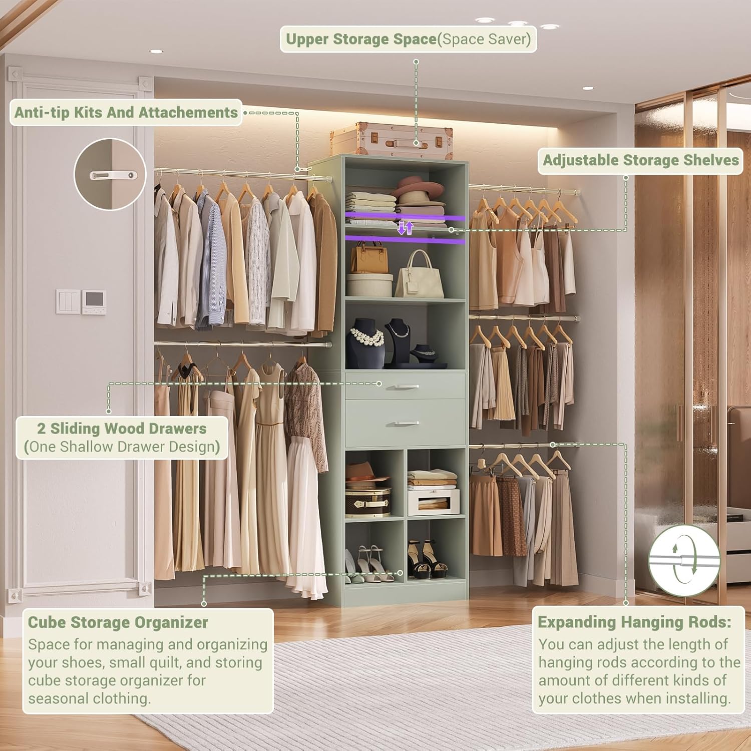 Closet System, 4-8 FT Closet Organizer Tower with 2 Wooden Drawers and Shelves, Can Fit 60 to 96