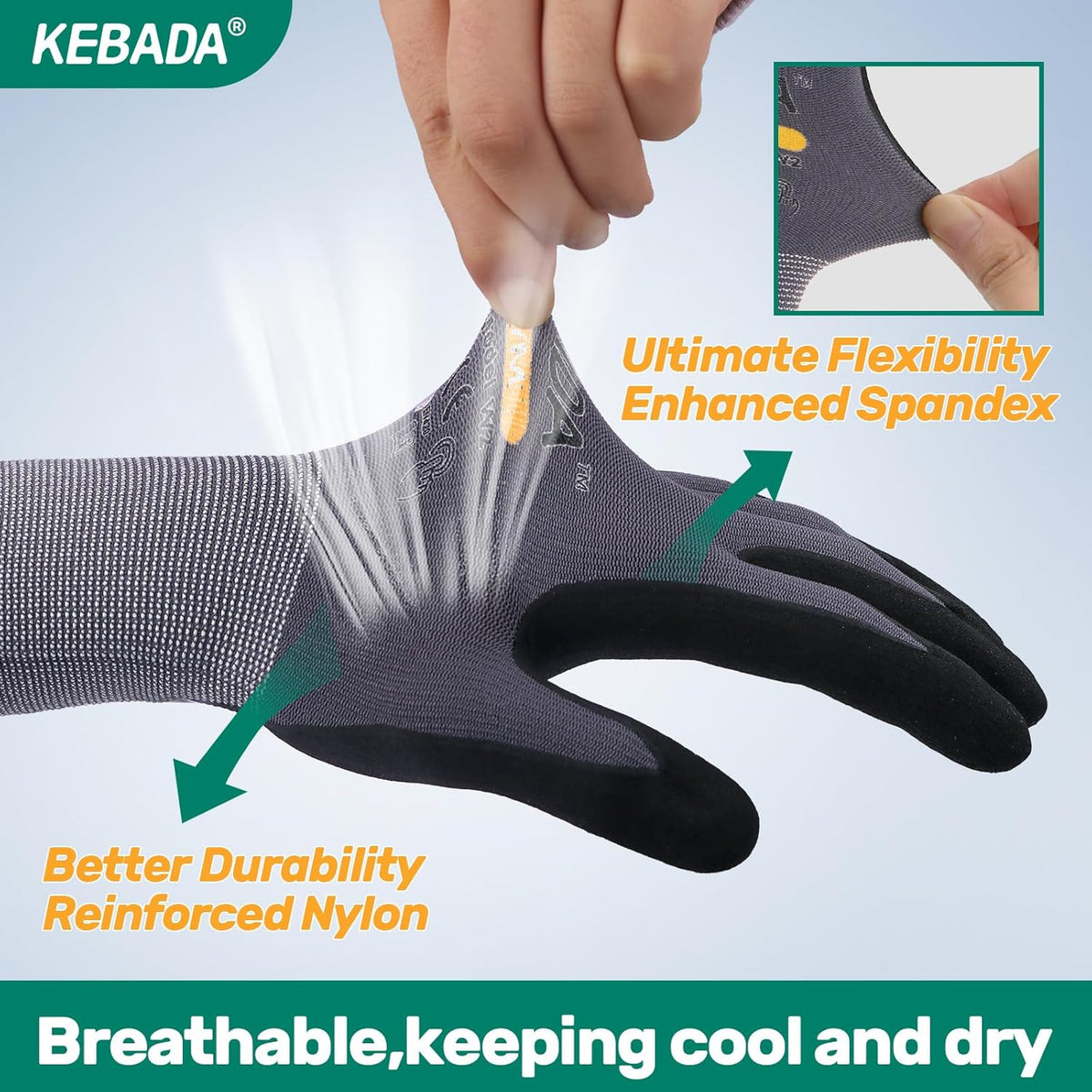 Kebada W2 Work Gloves for Men and Women, Nitrile Coated Working Gloves for Gardening, Construction
