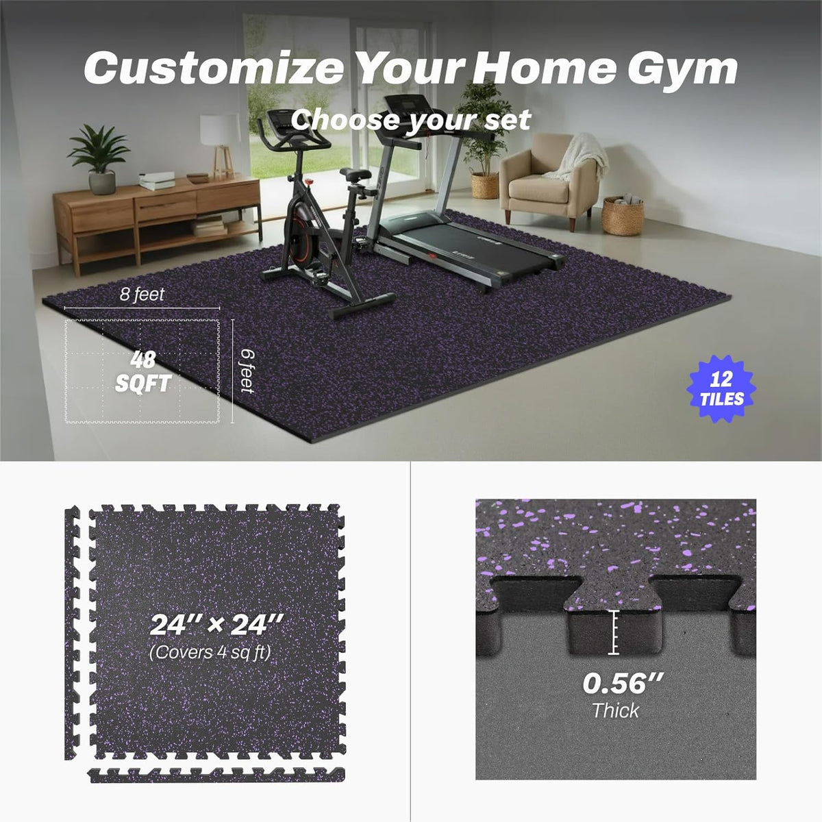 AIRHOP 0.56in Thick 48 Sq Ft Exercise Equipment Mats, 12 Tiles Upgraded Rubber Top with High