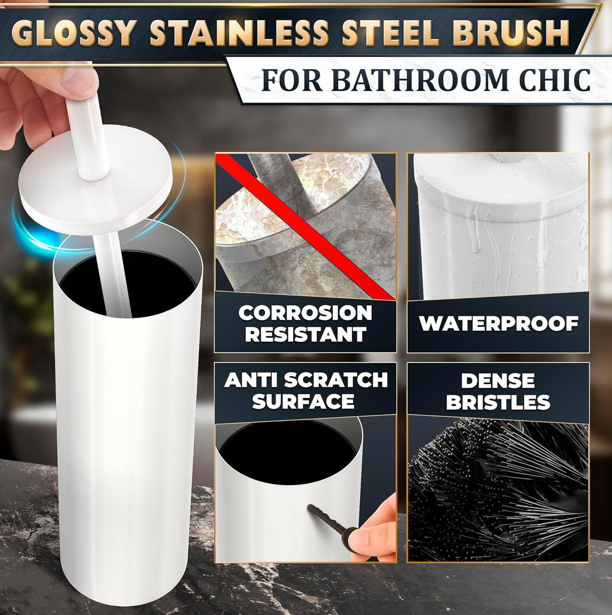 Stainless Steel Toilet Brush and Holder Set White - Long Handle Toilet Bowl Cleaner Brush and