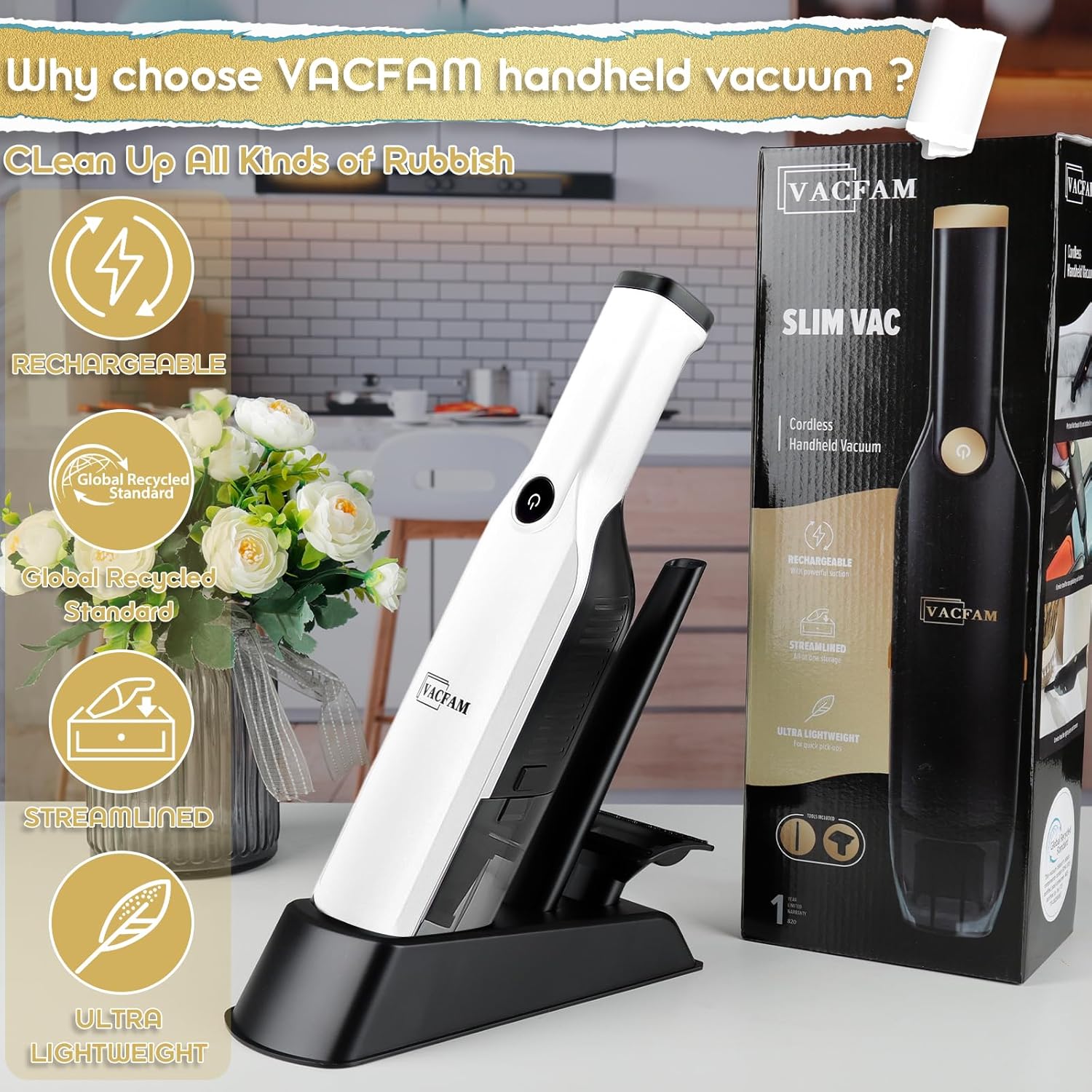 Handheld Vacuum Cordless,15KPA High Power Suction,USB Quick Charge,Car Vacuum Cleaner with Storage