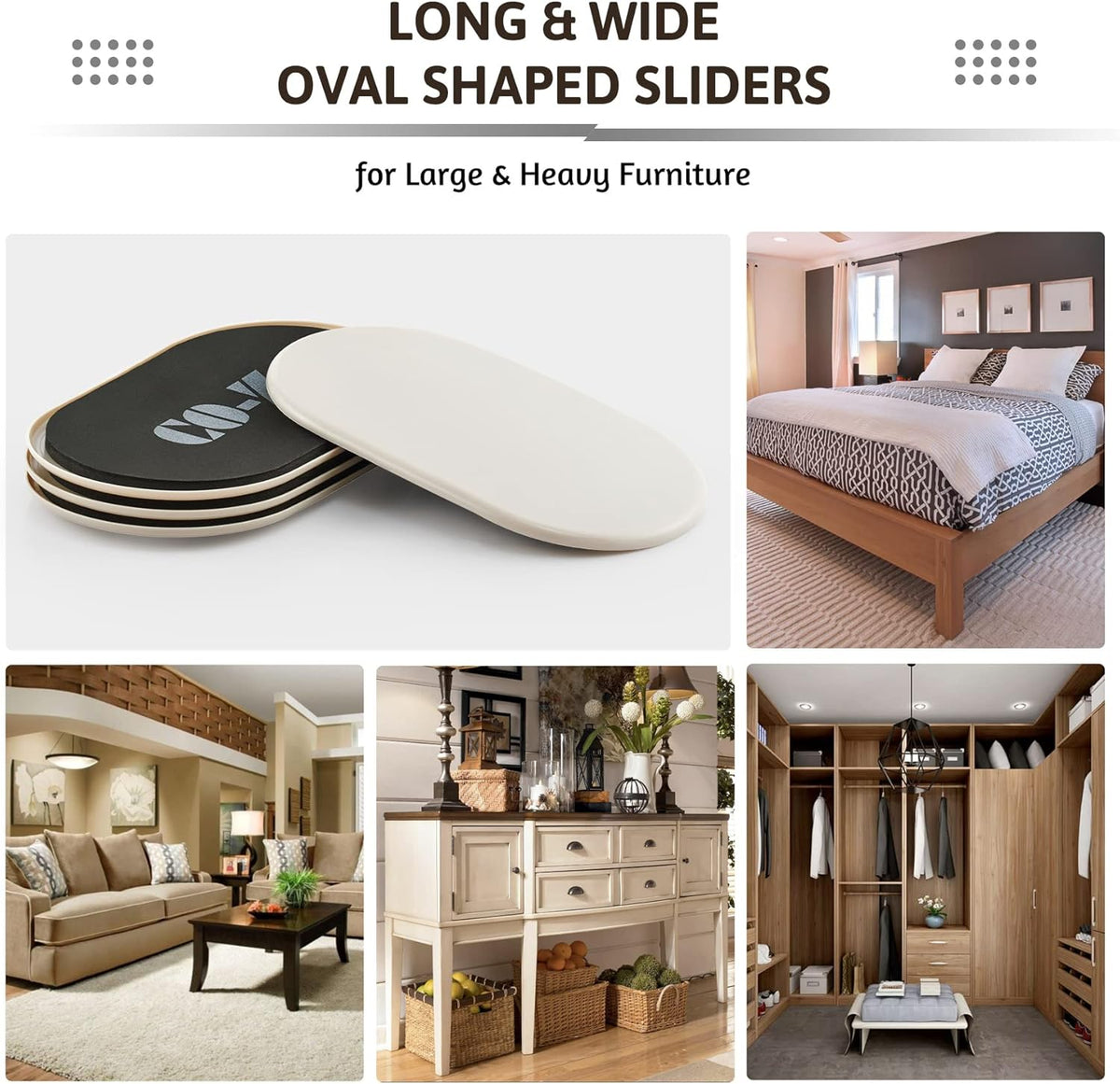 CO-Z Large Furniture Sliders - 4 Pack, 6" x 9 1/2" Oval Reusable Furniture Sliders for Carpet