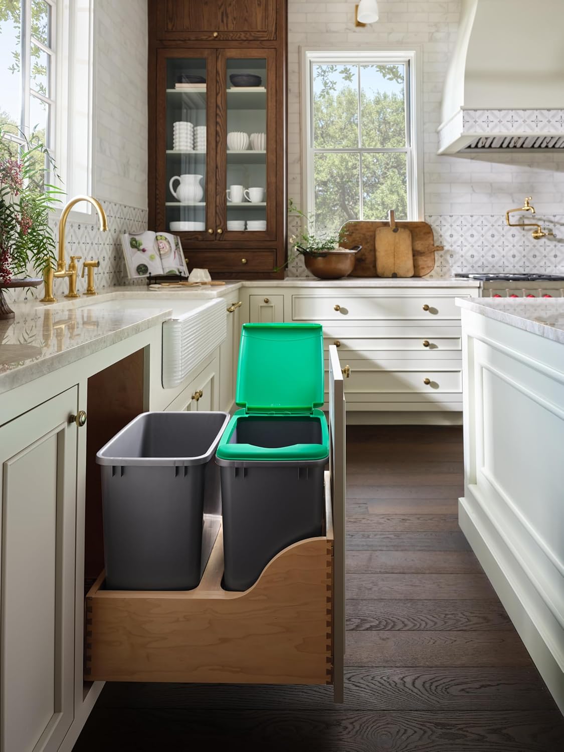 Rev-A-Shelf Pullout Trash Cans for Kitchen Cabinet, Dual 35 Qt Bins with 15" Wood Frame - Large