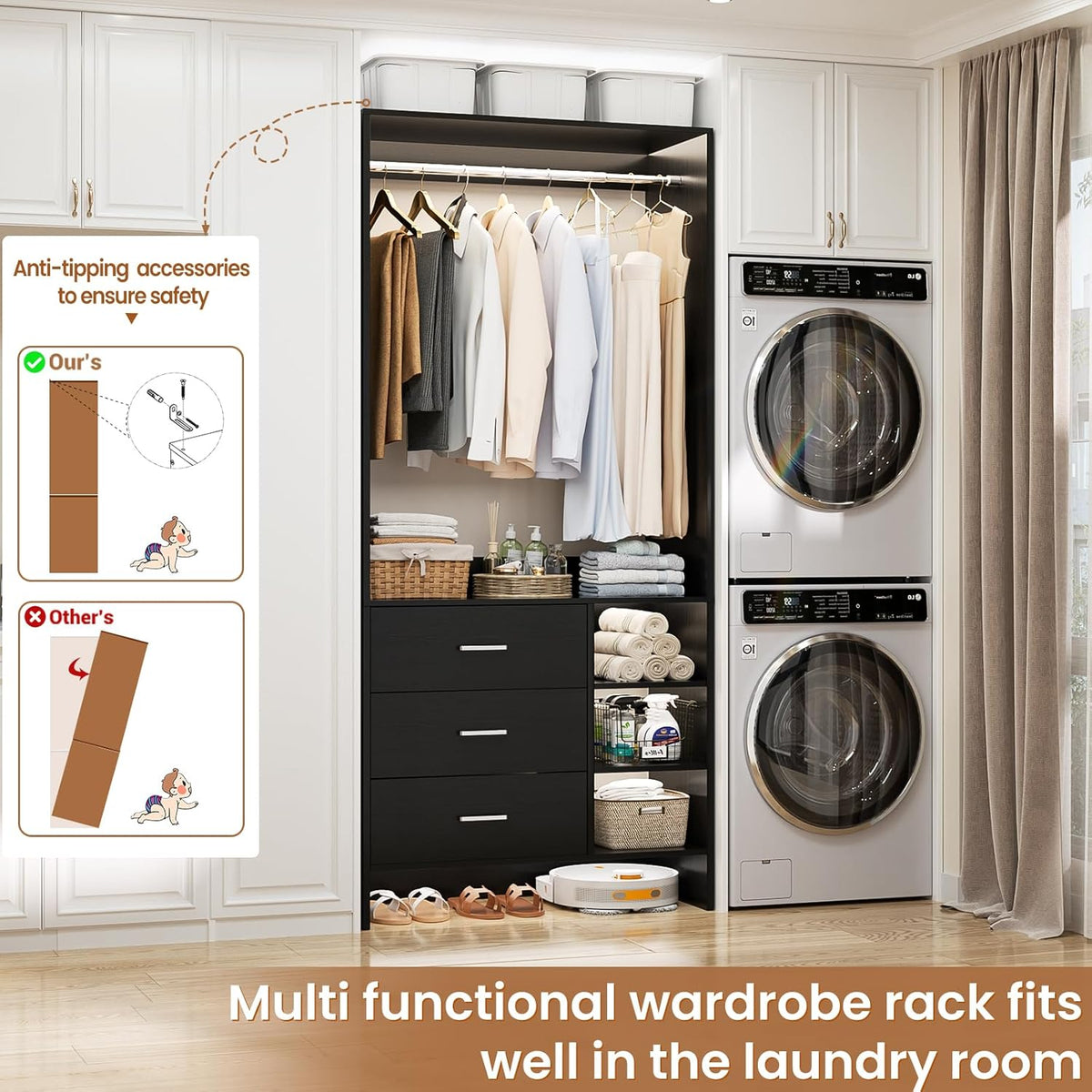 Aheaplus 2.5FT Closet System with 3 Drawers, 29.5’’ Closet Organizer, Wood Closet Organizer System