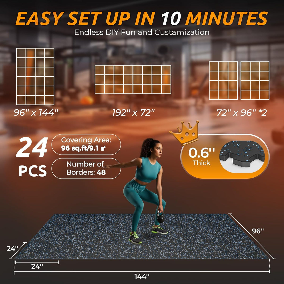 PRAISUN 0.6" Thicker Gym Mat, 24 Tiles 96 Sq Ft Workout Mats, Interlocking Foam Tiles with Rubber