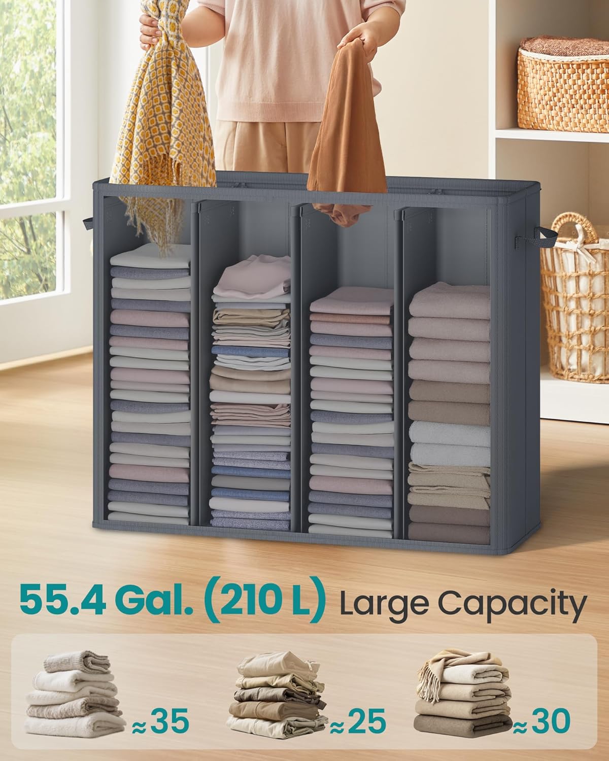 SONGMICS 55.4 Gallon (210 L) Laundry Hamper, 4-Compartment Laundry Basket Sorter with Lid, Labels
