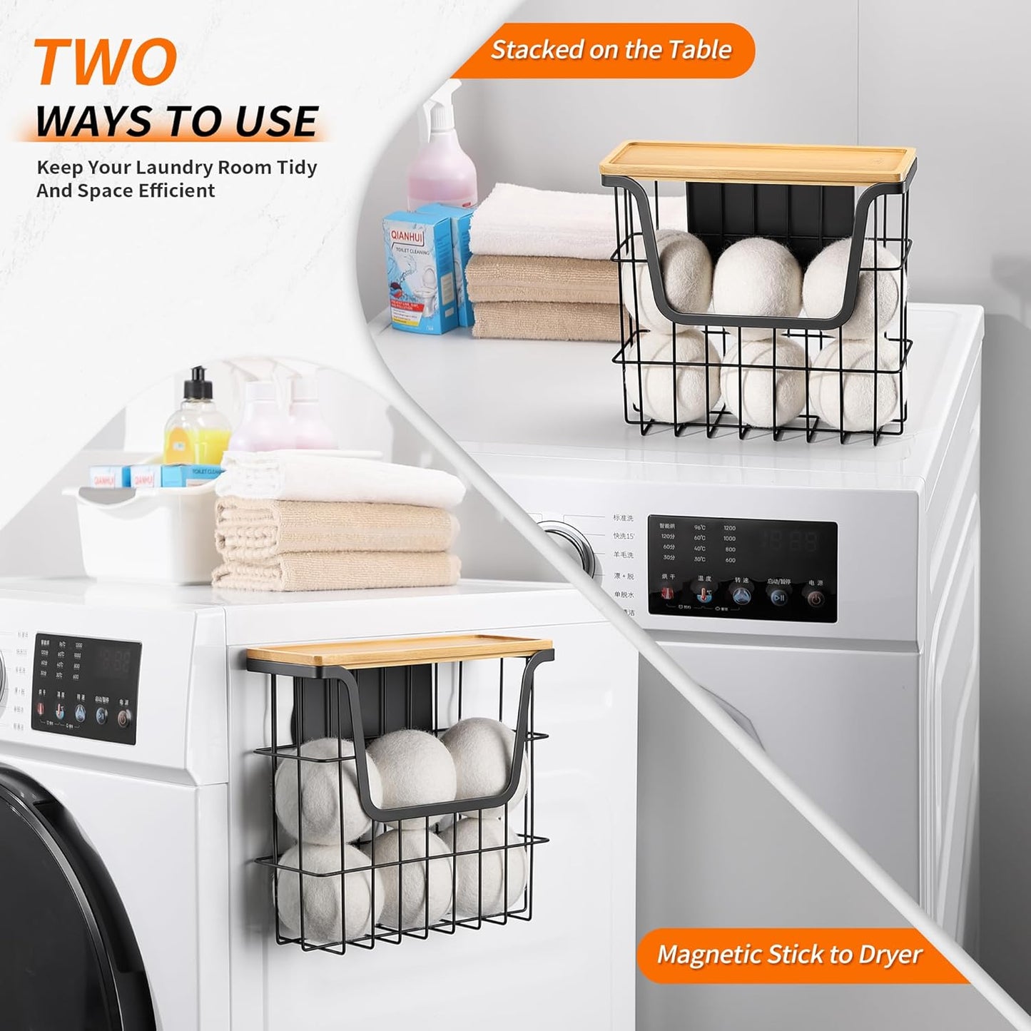 Magnetic Dryer Ball Holder - Black Basket for Laundry Room Organization and Storage with Bamboo Top