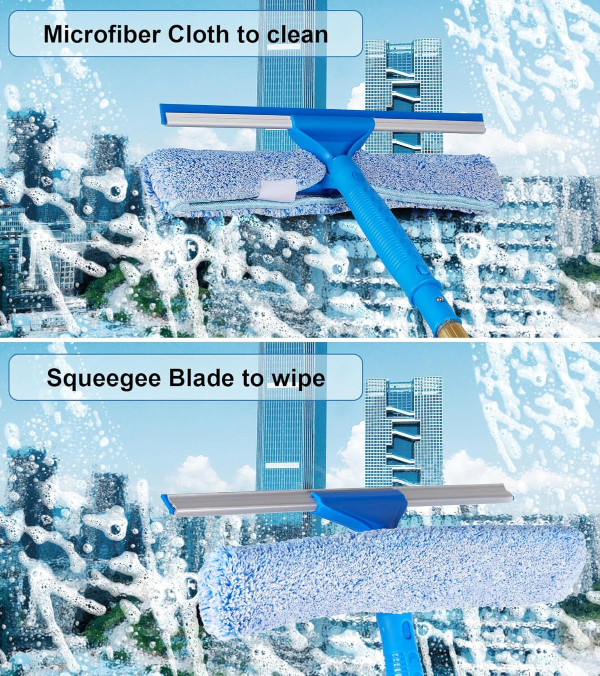 2 in 1 Window Squeegee Cleaning Kit with Aluminum Alloy Extension Poles, Scrubber, Glass Scrapper