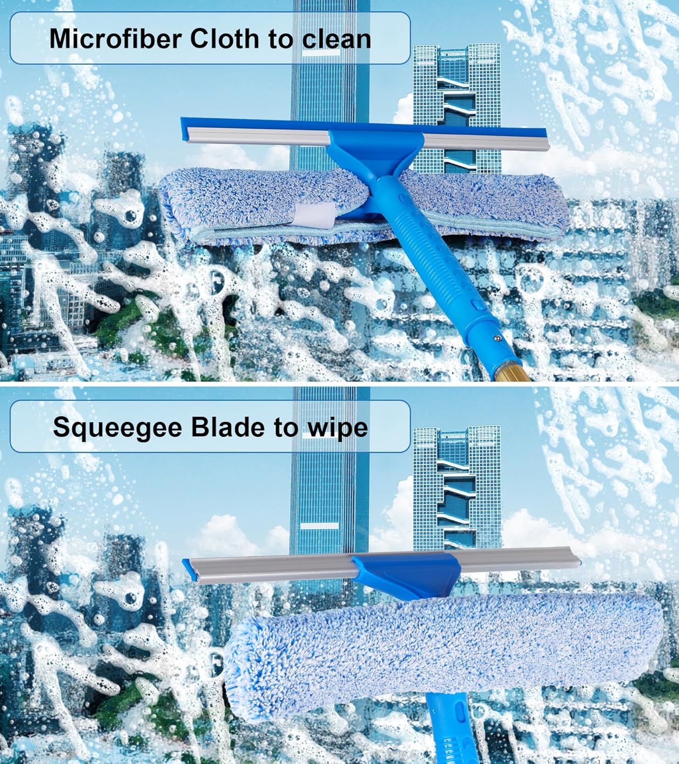 2 in 1 Window Squeegee Cleaning Kit with Aluminum Alloy Extension Poles, Scrubber, Glass Scrapper