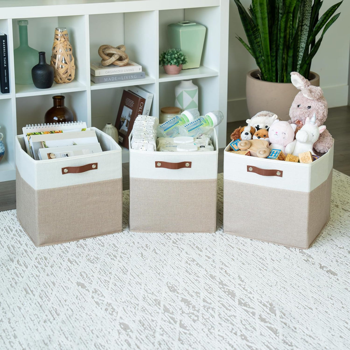 OrganiHaus 13x13 Cube Fabric Storage Bins Set of 4, Fabric Storage Cubes w/ Vegan Handles, 13 inch