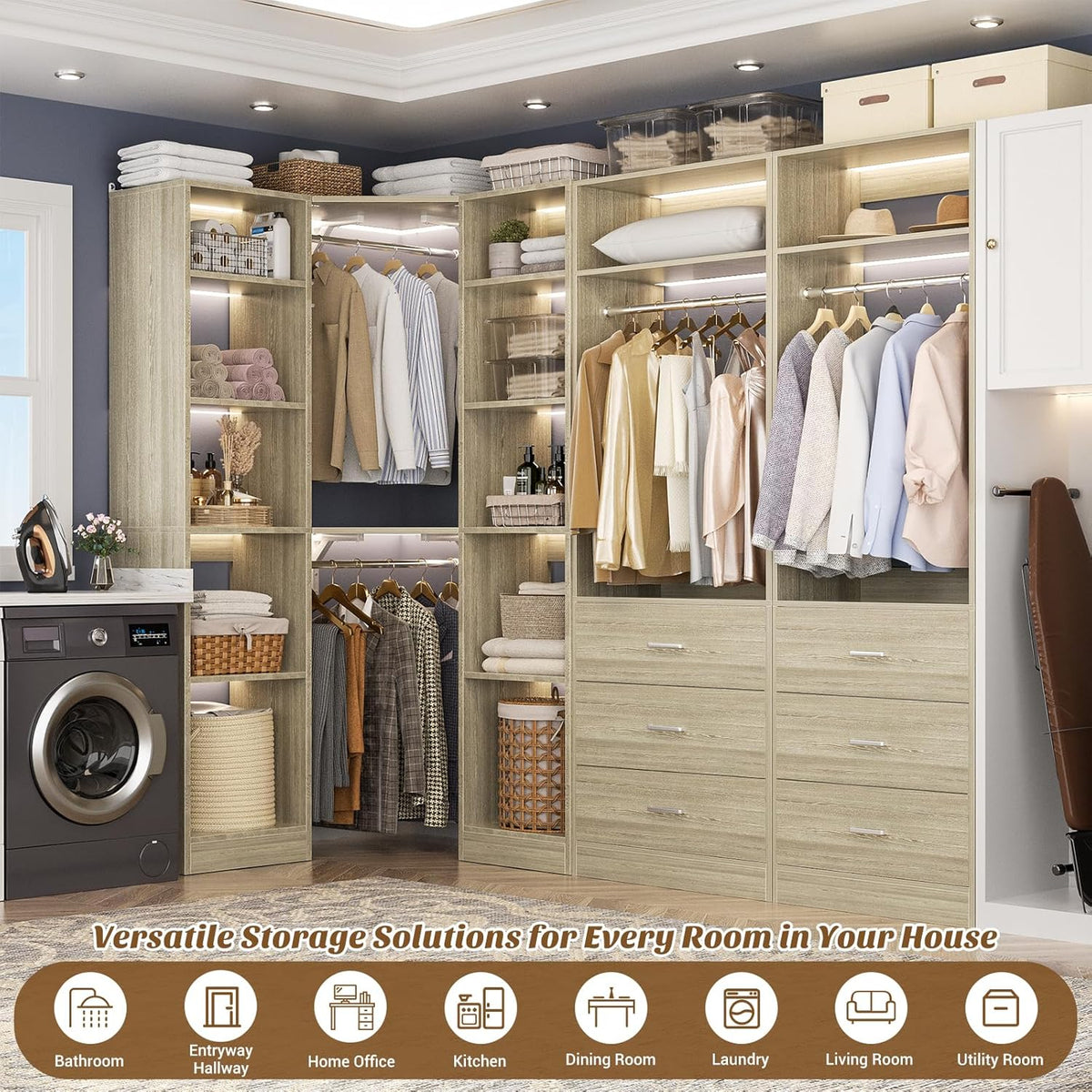 Corner Closet System with 6 Drawers, Closet Organizer System with 14 Shelves & 4 Hanging Rods