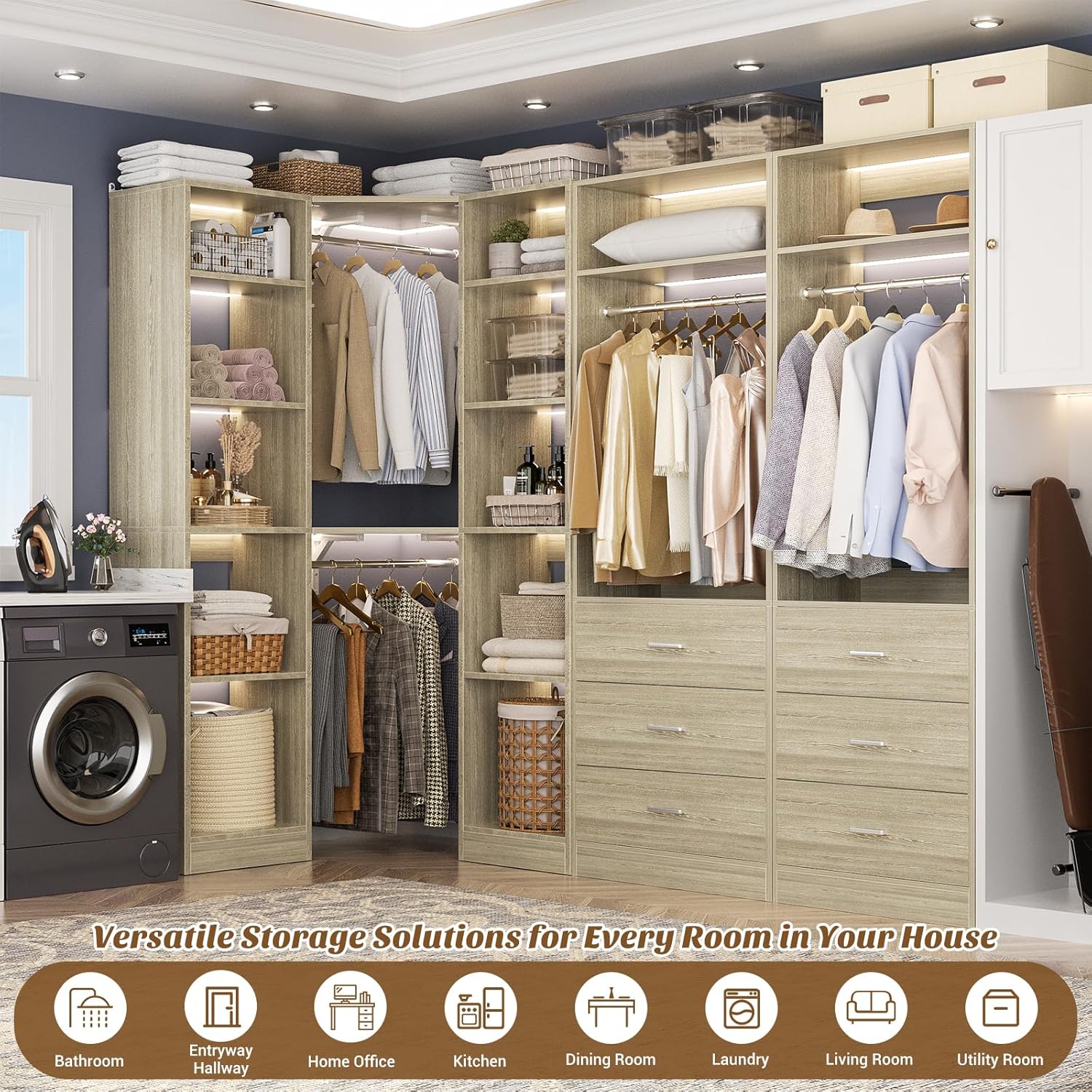 Corner Closet System with 6 Drawers, Closet Organizer System with 14 Shelves & 4 Hanging Rods