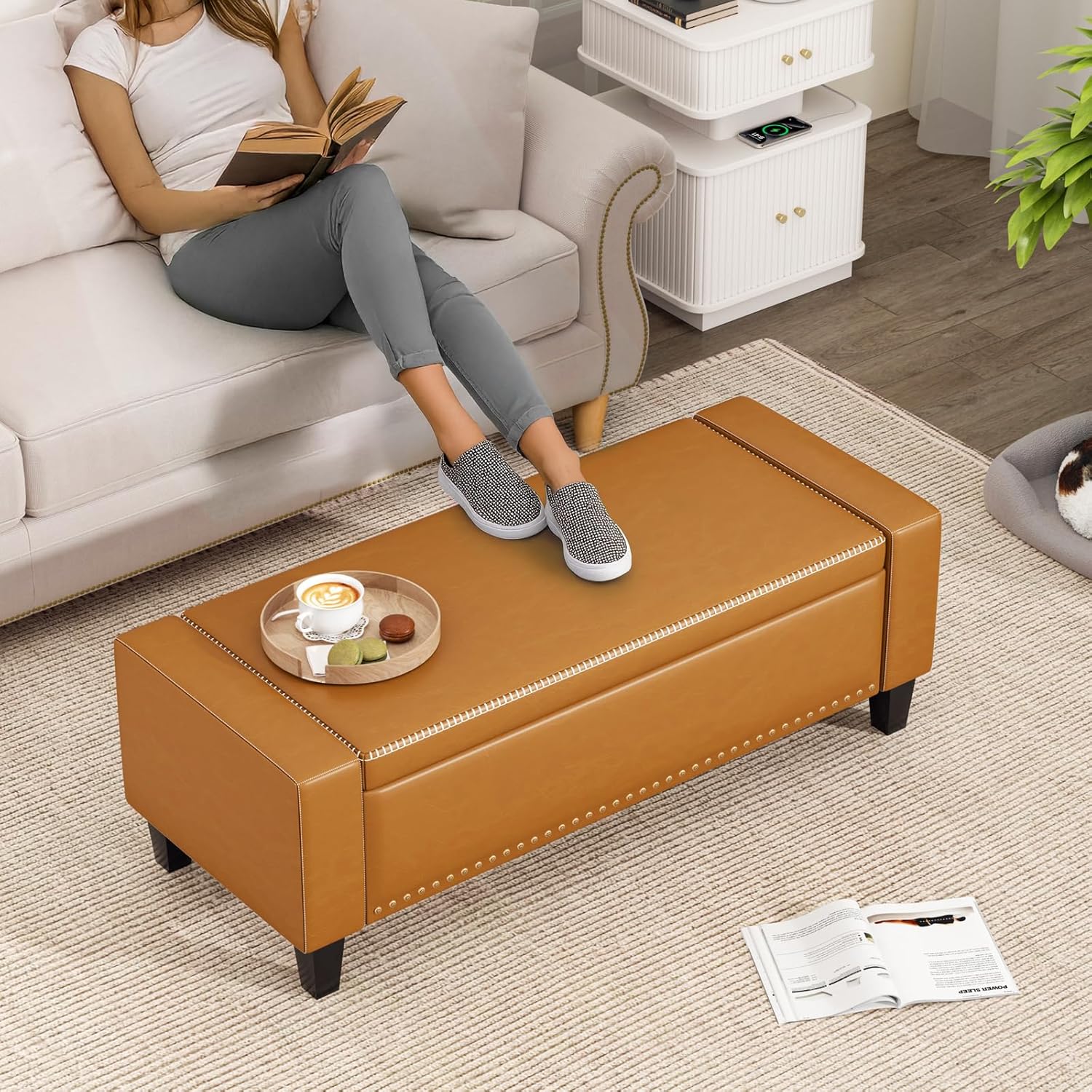 48.8" Storage Ottoman Bench Brown | Faux Leather Bedroom Bench with Lift Top for Living Room & Bed