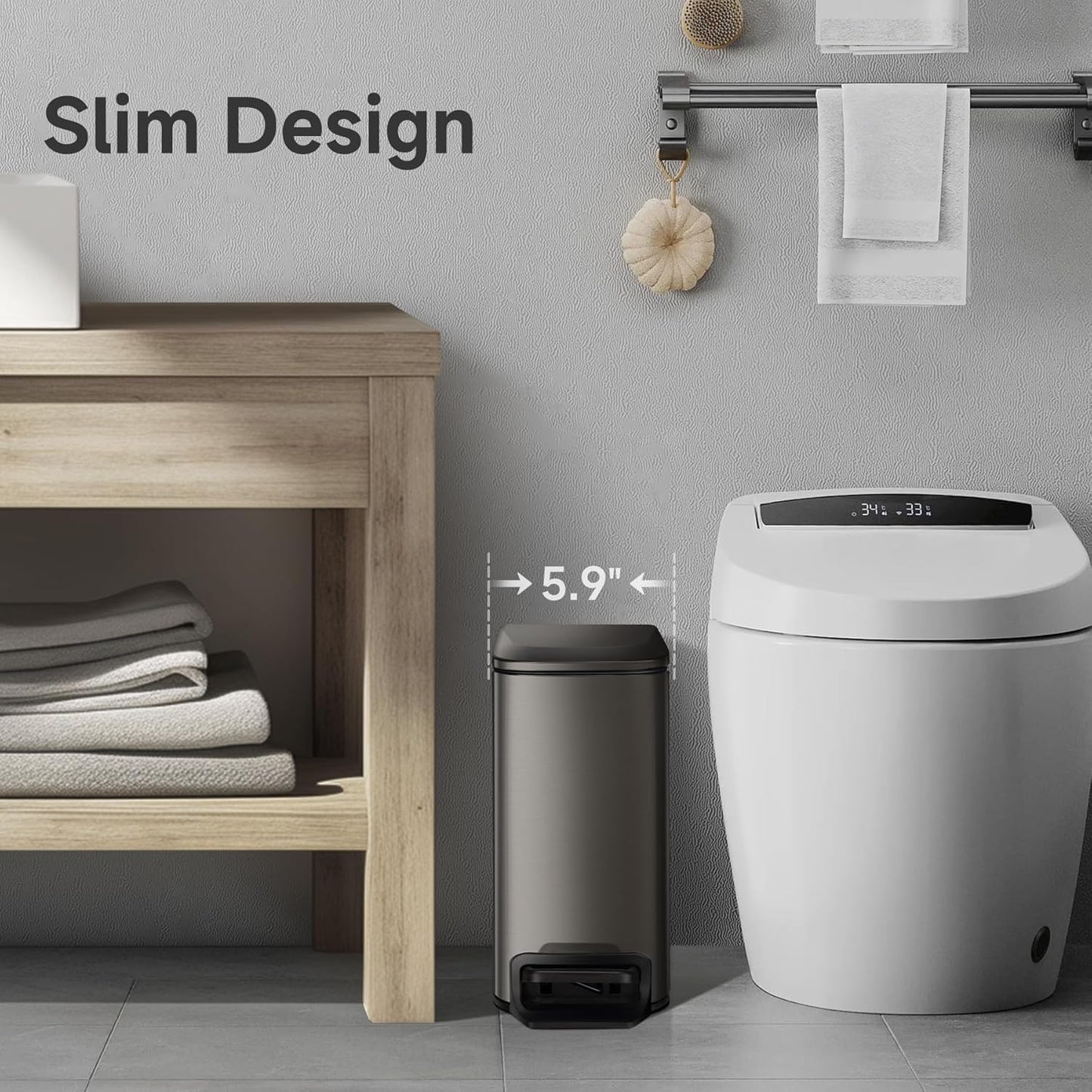 TIPGO Slim Bathroom Trash Can with Lid Soft Close, 6 Liter / 1.6 Gallon Stainless Steel Garbage Can