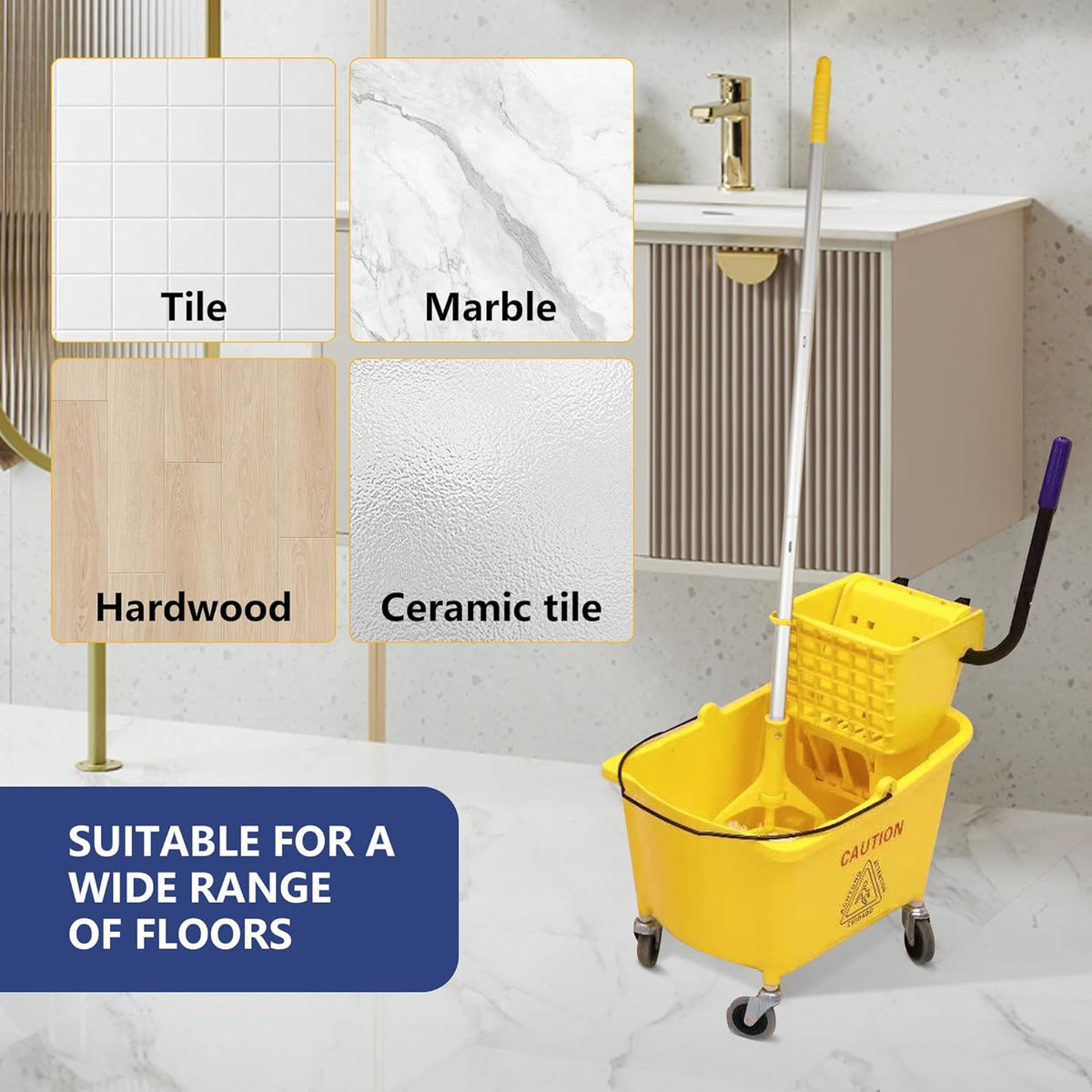35Qt. Side-Press Mop Bucket and Wringer Combo on Wheels, Yellow, for Floor Cleaning/Wet