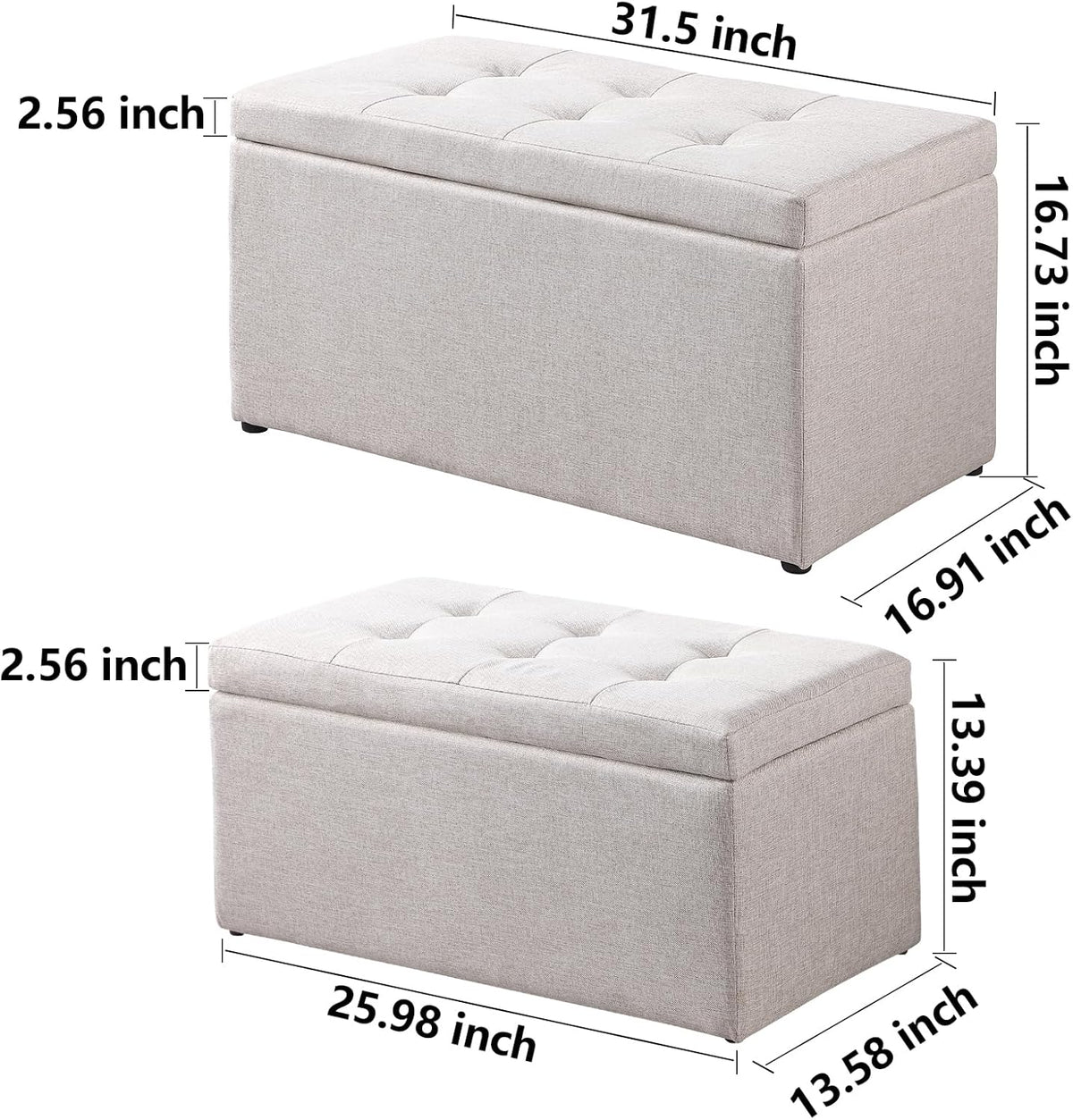Storage Ottoman Bench with 2.56-inch Thick Seat, 31.5 inch Nesting Ottoman Set of 2, Hinged Flip