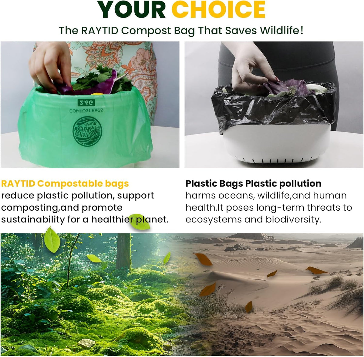 RAYTID Compostable trash Bags 2.6 Gallon Compost Bags for Kitchen Countertop Bin 1.3,2,3, Gallon