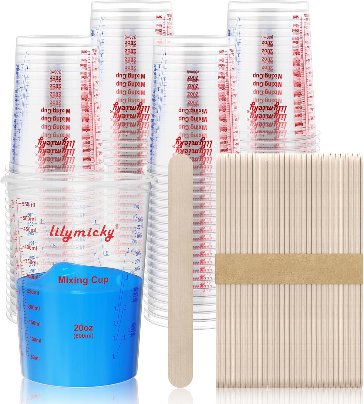 100 Pack Plastic Mixing Cups, 20 oz (600ml), Disposable Measuring Cups with 50 Wooden Mixing