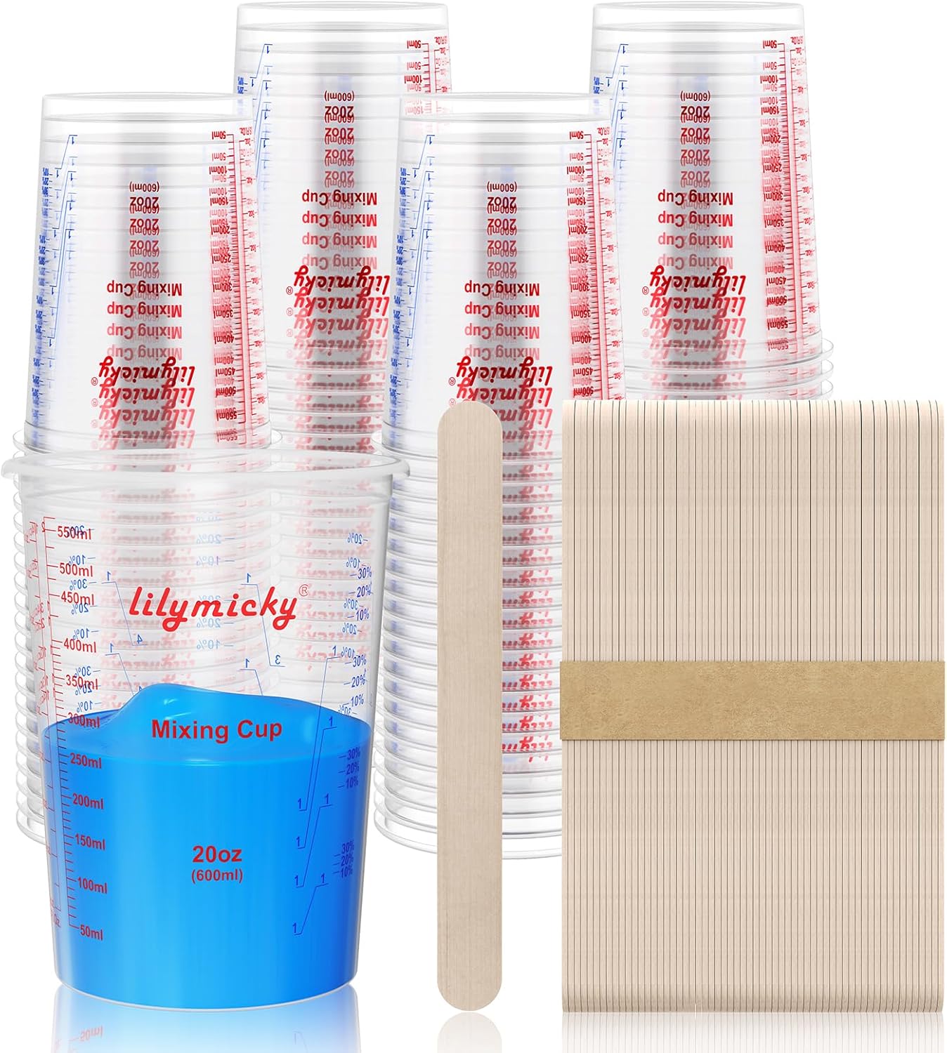100 Pack Plastic Mixing Cups, 20 oz (600ml), Disposable Measuring Cups with 50 Wooden Mixing