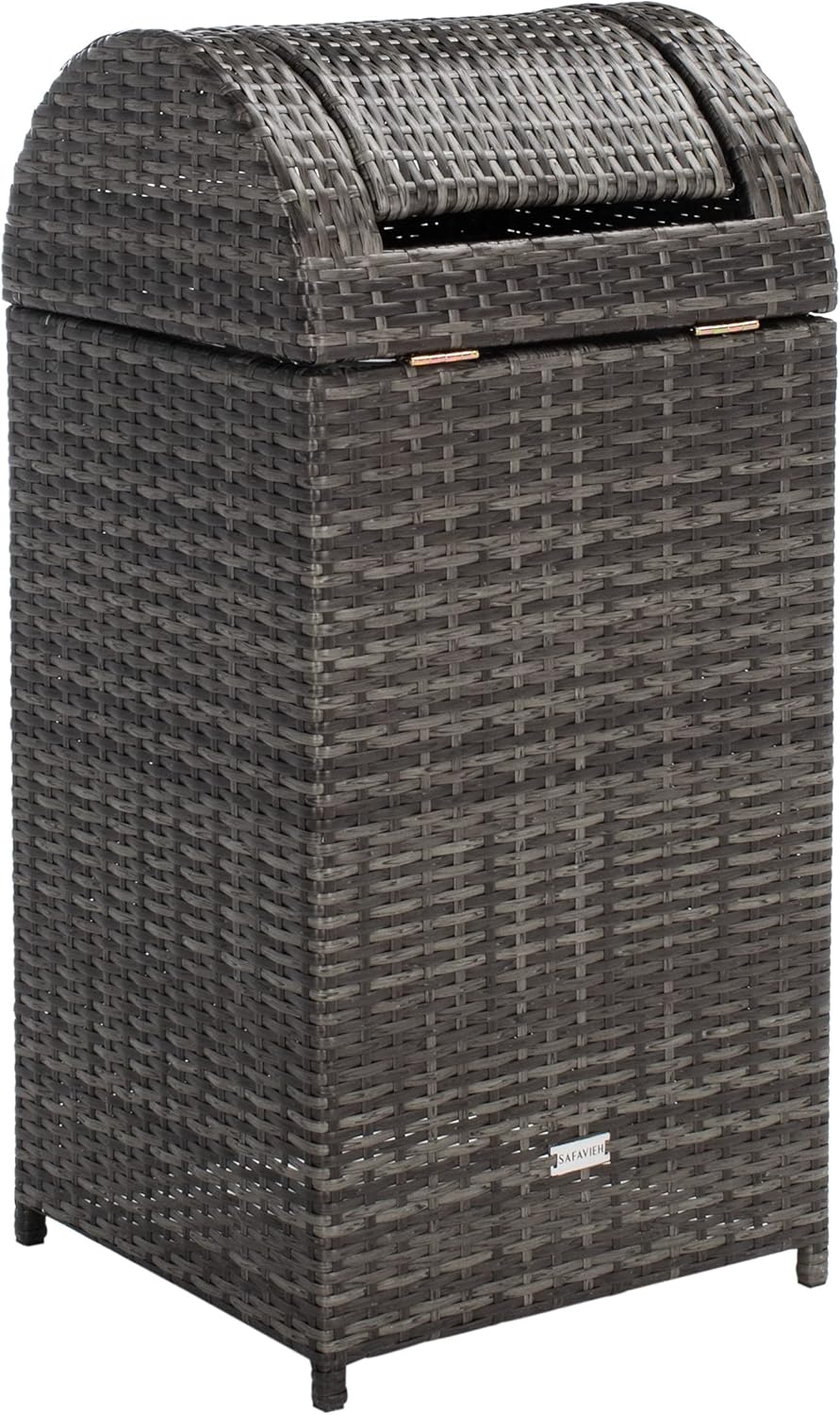 SAFAVIEH Outdoor Collection Mazeli Grey Brown Woven Swing Top Dome Lid Trash Bin (Fully Assembled)