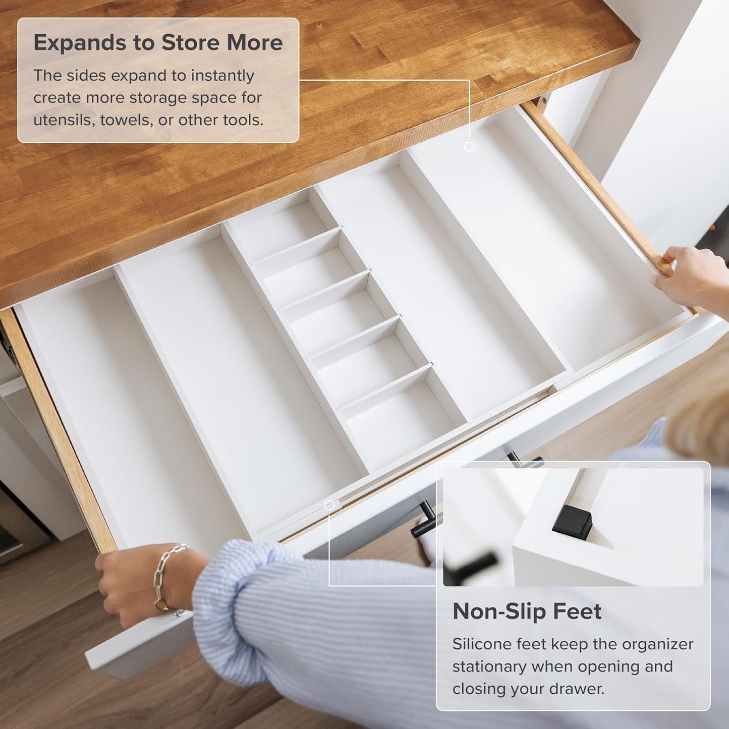 KitchenEdge Adjustable Kitchen Drawer Organizer for Utensils and Junk, Food-Safe Contract Grade