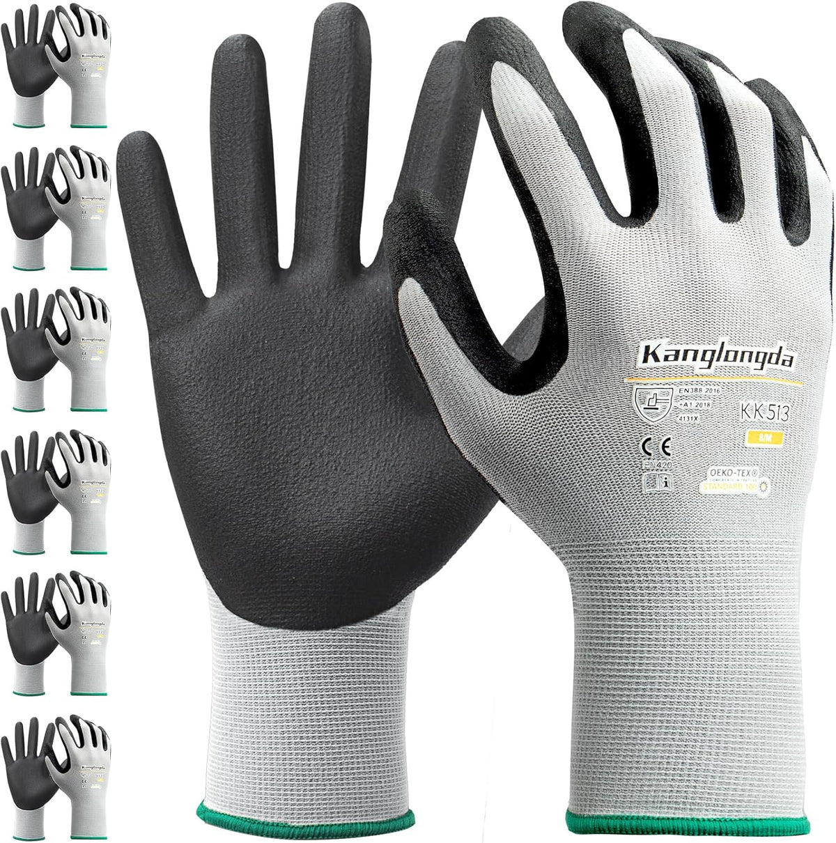 6-Paris Medium Work Gloves for Men and Women, Nitrile Coated Safety Protective Gloves with Grip