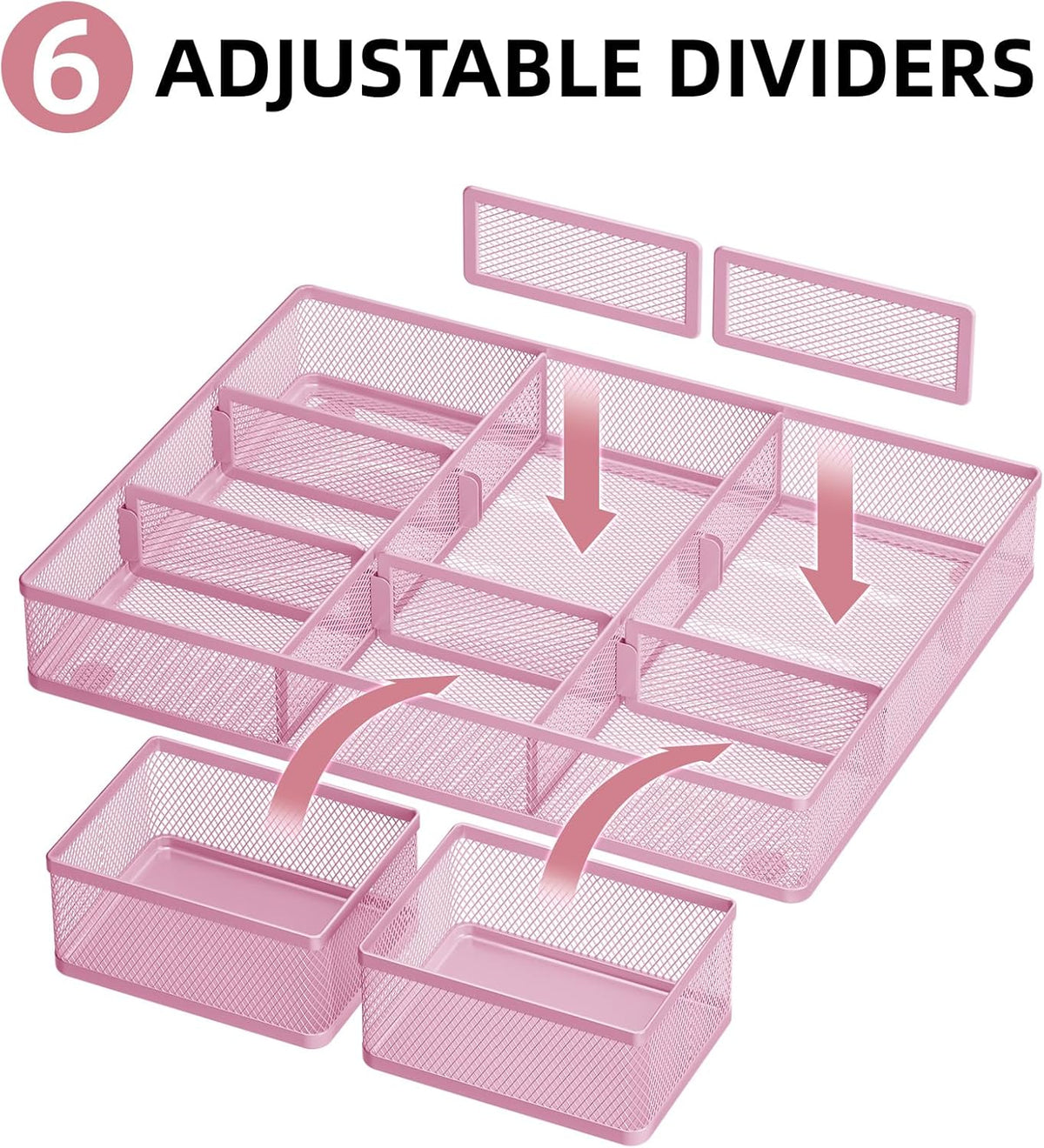 Marbrasse 3 Packs Desk Drawer Organizers, Metal Mesh Dividers with 9 Adjustable Compartments, Pen
