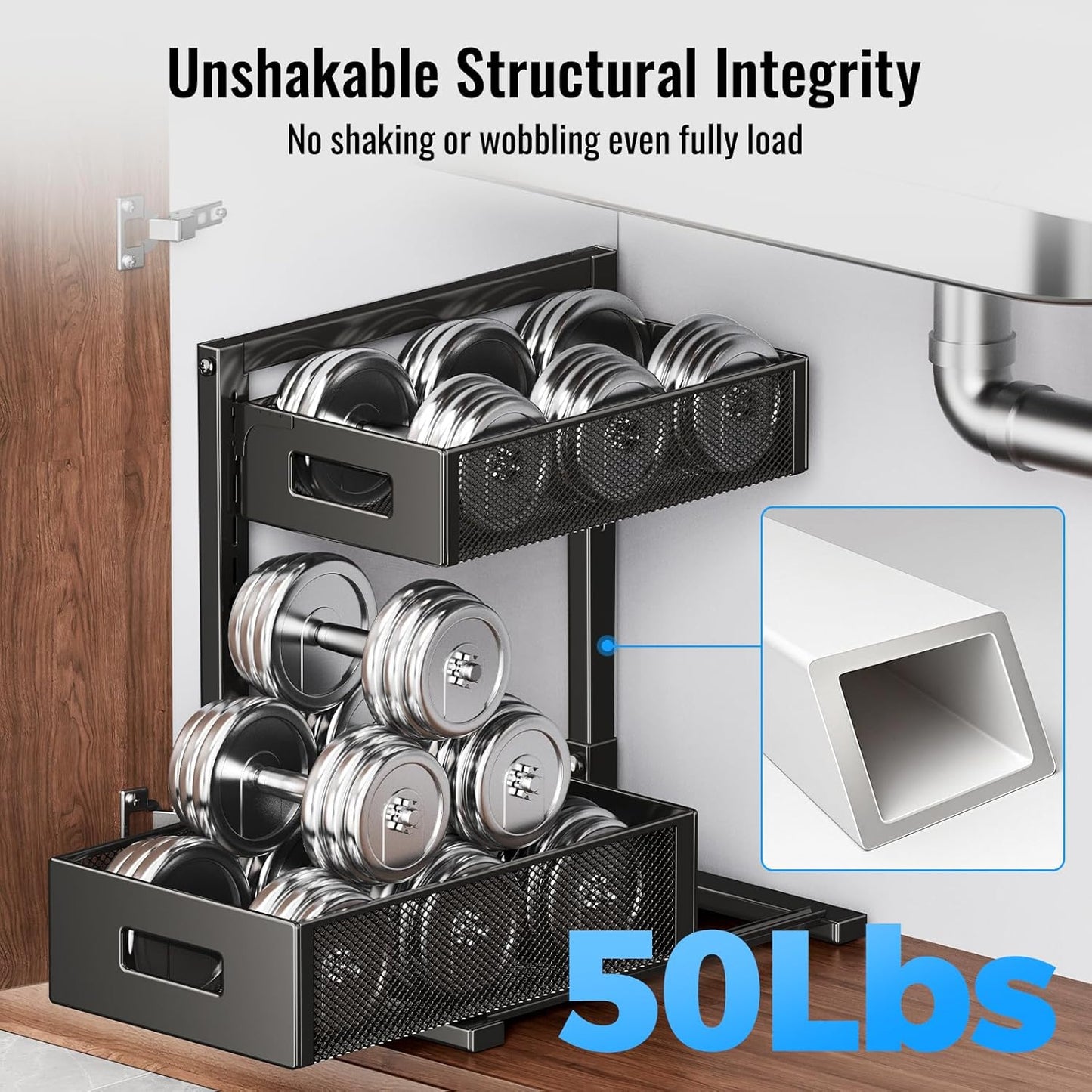 Under Sink Organizer, Silk-Smooth Metal Sliding Drawer Organizers and Storage Rack, Pull Out