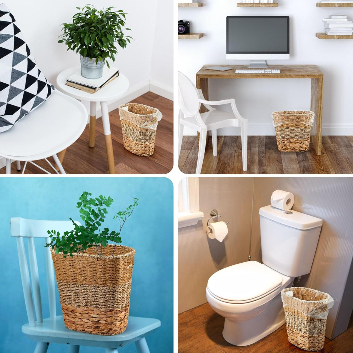 2 Pcs Wicker Trash Can with 50 Small Trash Bag Wicker Waste Woven Basket with Handles Clear Multi