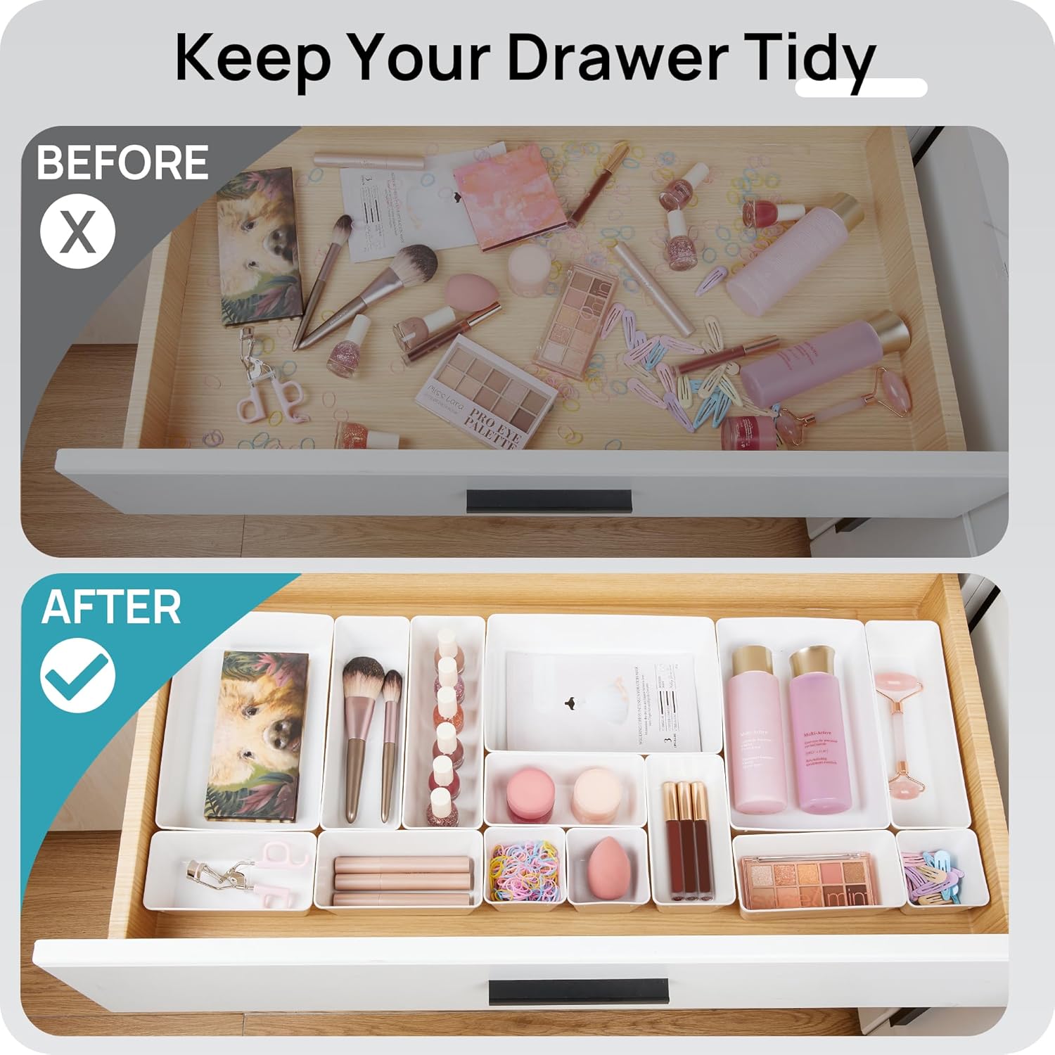 Vtopmart 44 PCS Plastic Drawer Organizers Set, 4-Size Versatile Bathroom and Vanity Organizer