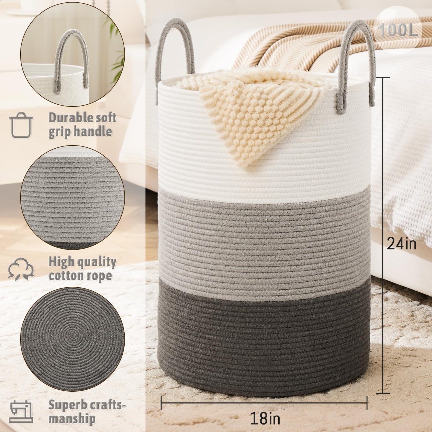 Laundry Basket,Woven Cotton Rope Laundry Hamper,100L for Decorative Storage of Dirty Clothes,Toys
