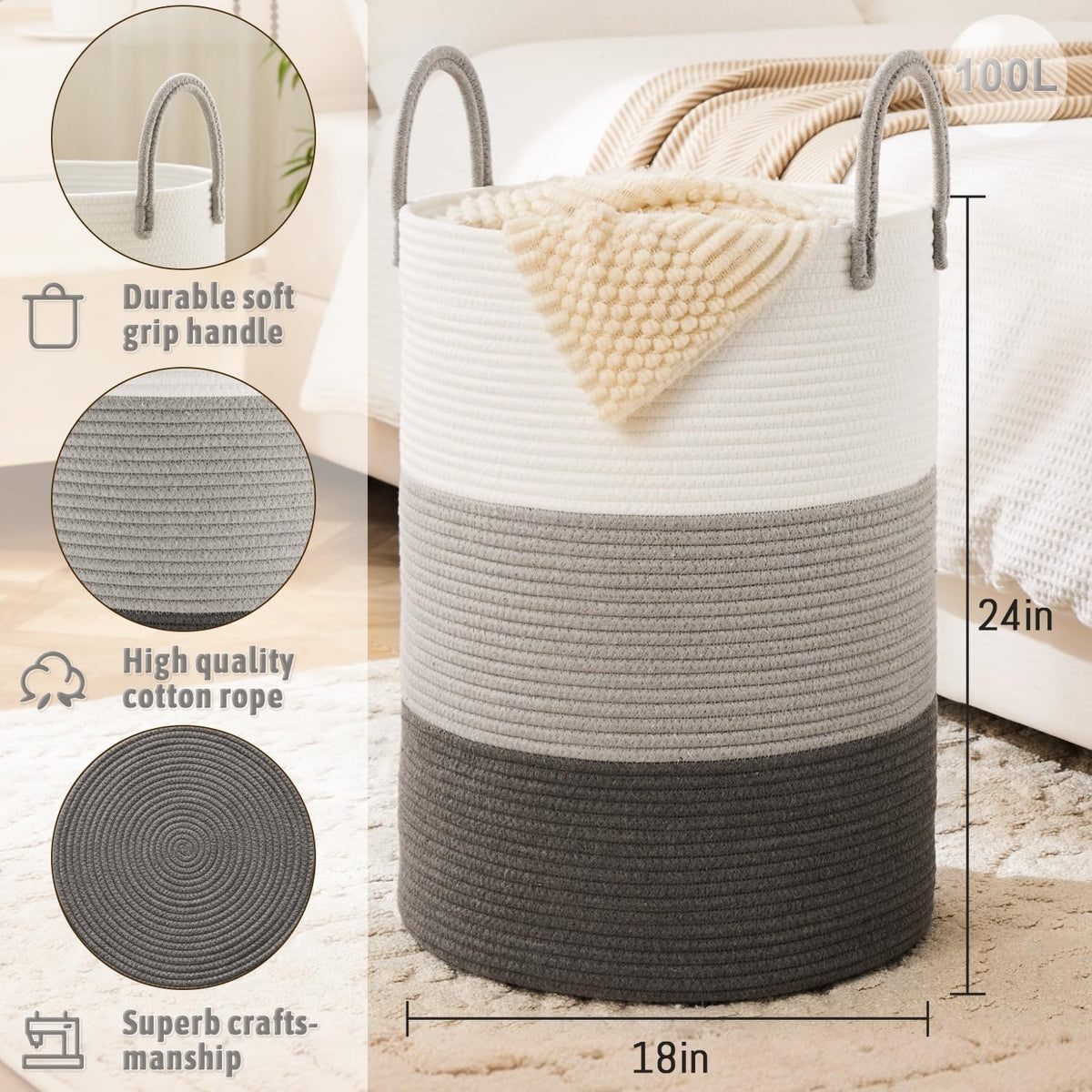 Laundry Basket,Woven Cotton Rope Laundry Hamper,100L for Decorative Storage of Dirty Clothes,Toys