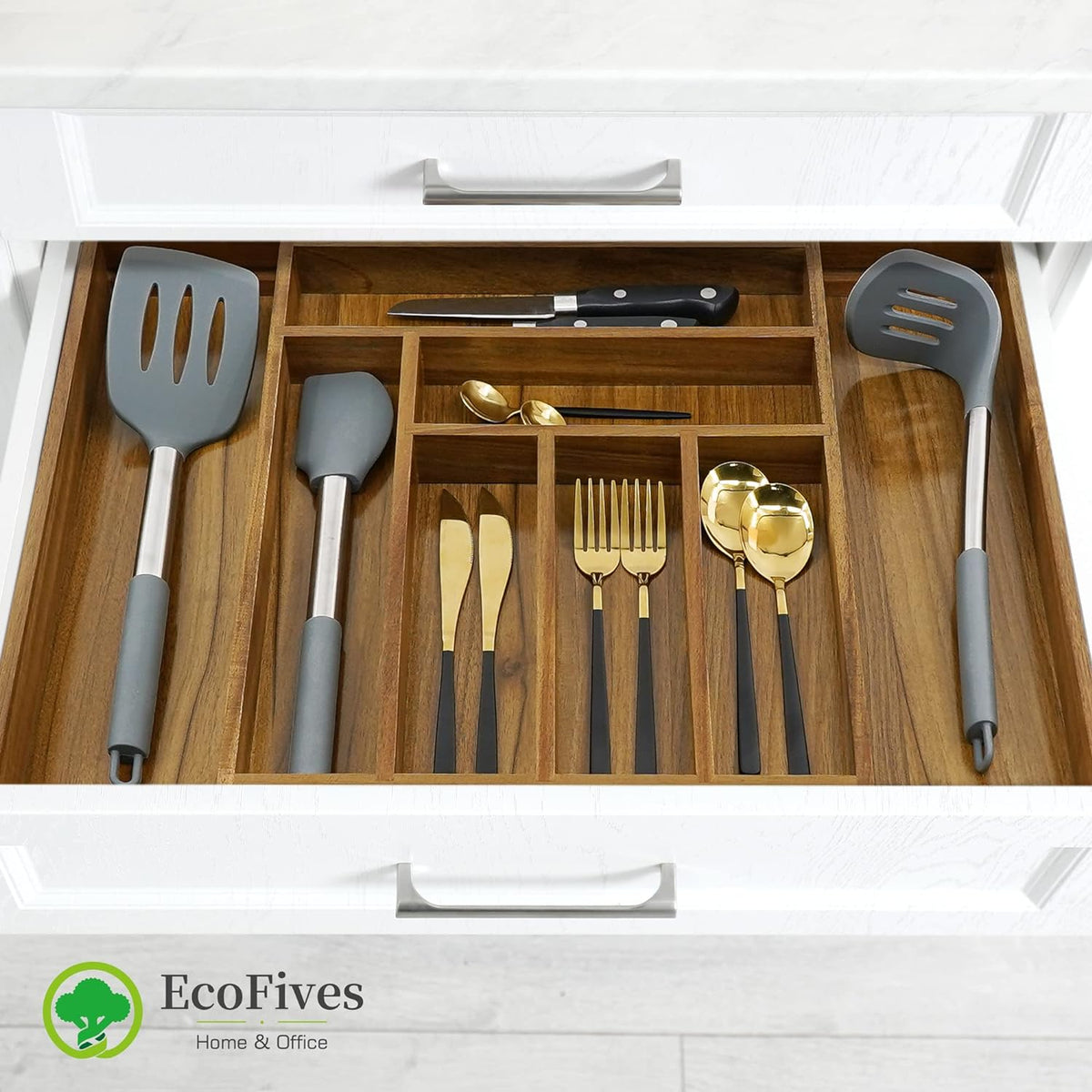 Luxury Acacia Kitchen Drawer Organizer - Silverware Organizer - Utensil Holder and Cutlery Tray